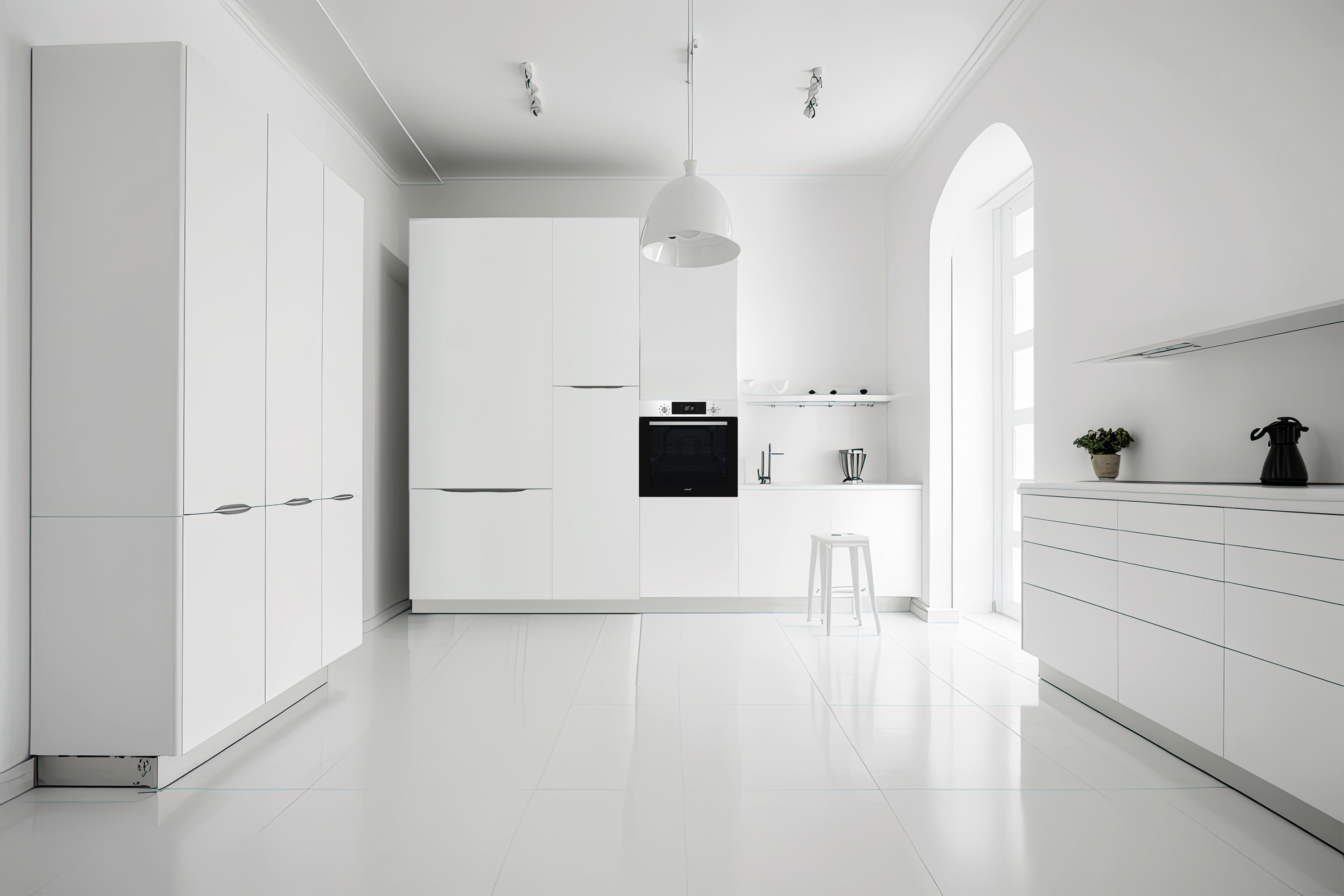 Moderna e minimalista cucina bianca con mobili lucidi, forno nero, sgabello bianco e grande finestra ad arco.