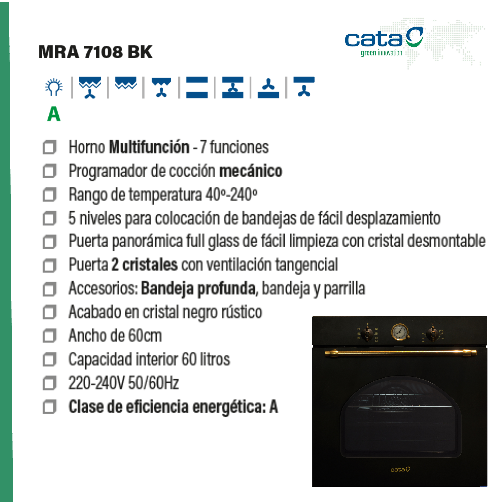 Scheda prodotto del forno Cata Mra 7108 Bk con specifiche e immagine.