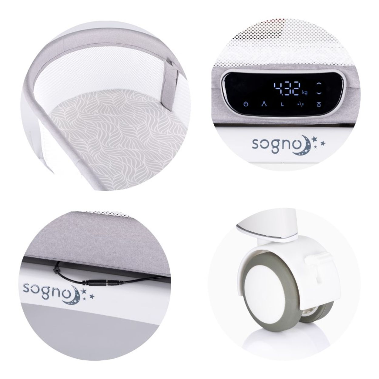 Vier runde Detailaufnahmen des grauen Sogno Babybettes zeigen Innenraum, digitales Display, Kabel und Rollen.