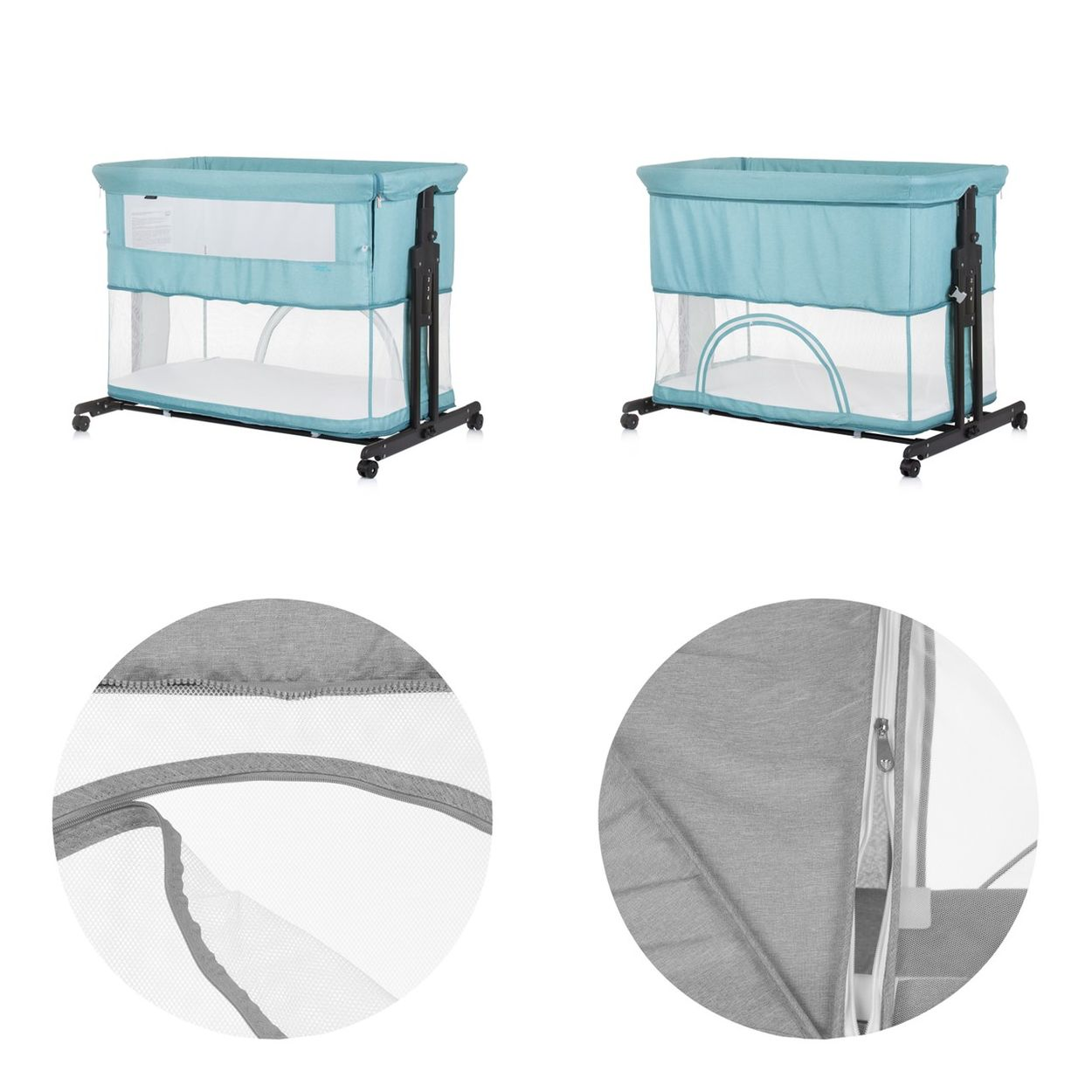 Türkisblaues Babybett mit schwarzen Beinen und Rädern, inklusive zwei Detailaufnahmen von Netzstoff und Reißverschluss.