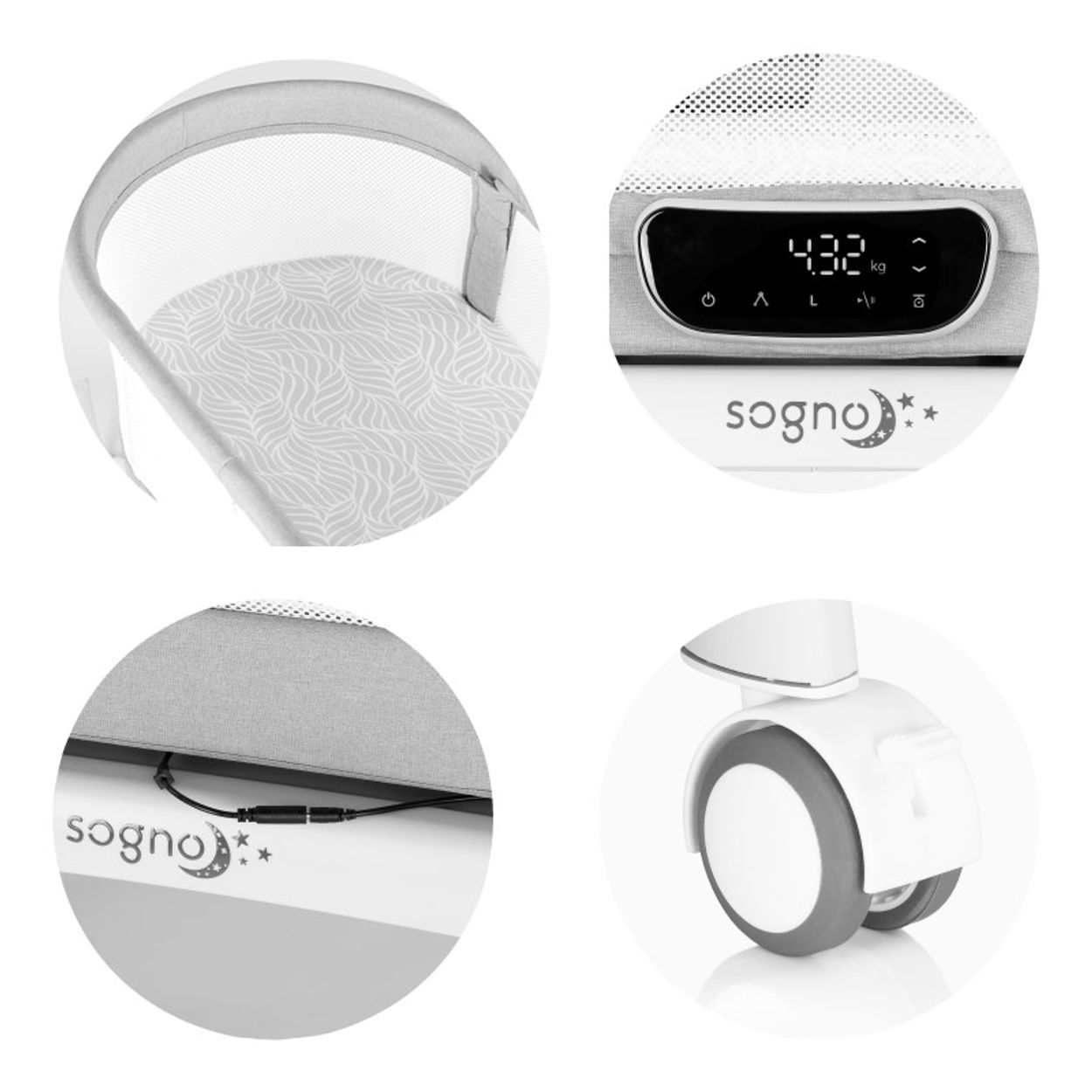 Vier runde Nahaufnahmen einer grauen Sogno Babywiege mit Display, Kabel und Rollen.