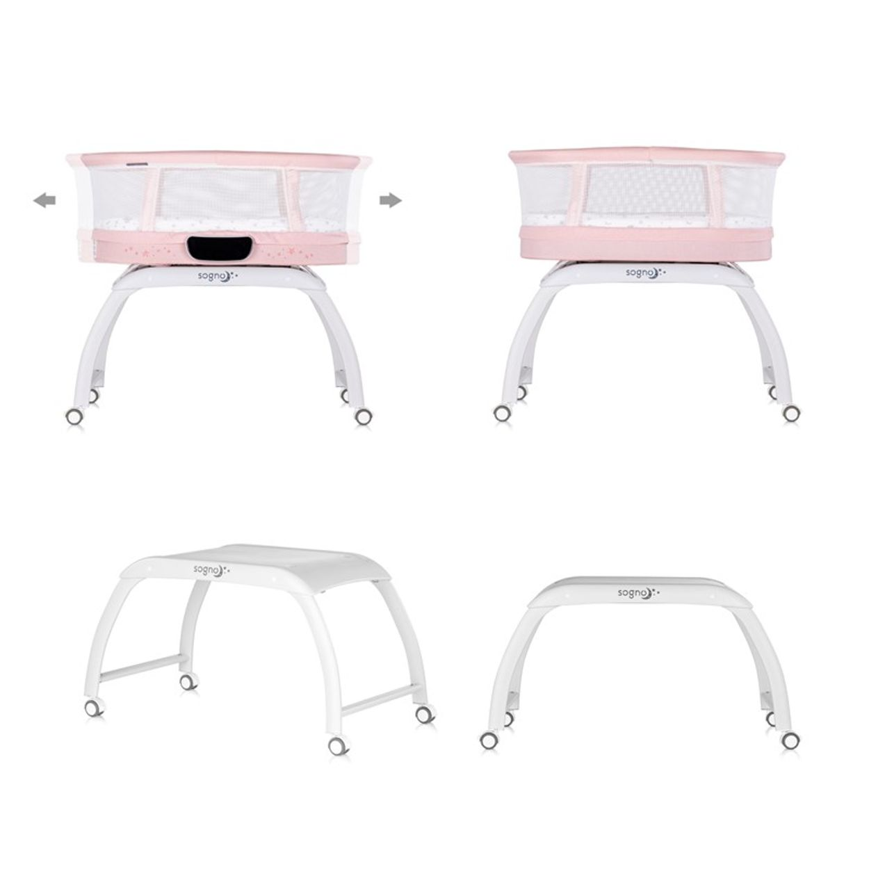 Vier Ansichten einer rosa-weißen Babystube mit Rädern und verstellbarem Gestell auf weißem Hintergrund.