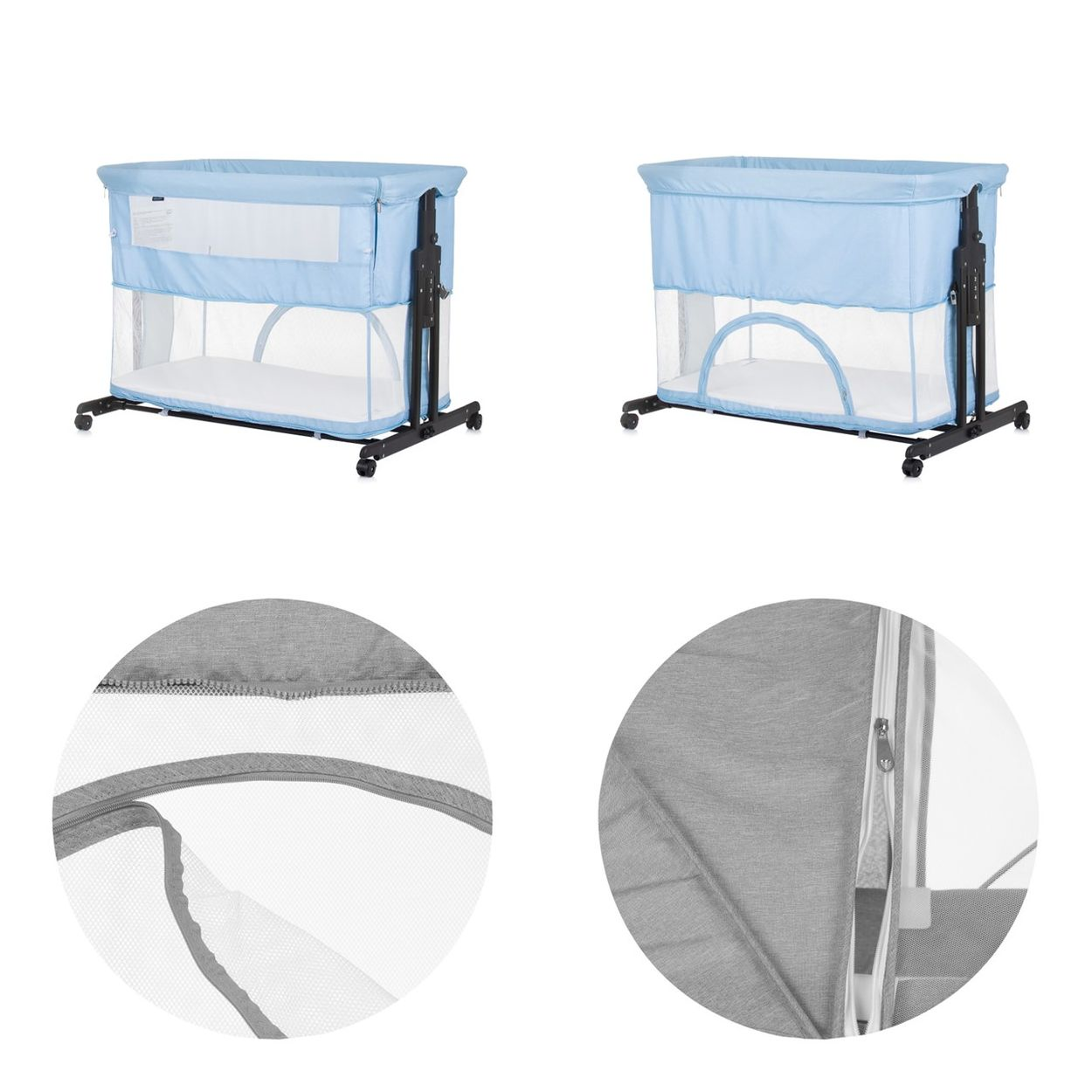 Blaue Babywiege mit Gitterseiten und Rädern, inklusive Detailaufnahmen von Stoff und Reißverschluss.