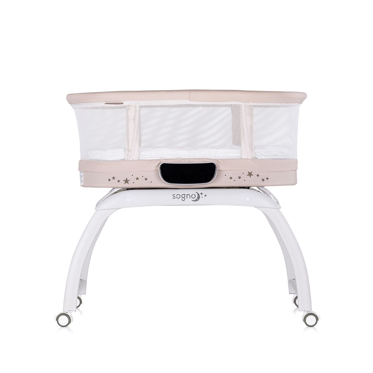 Beiges Babybett auf weißem Gestell mit Rollen und Sternchenmuster.