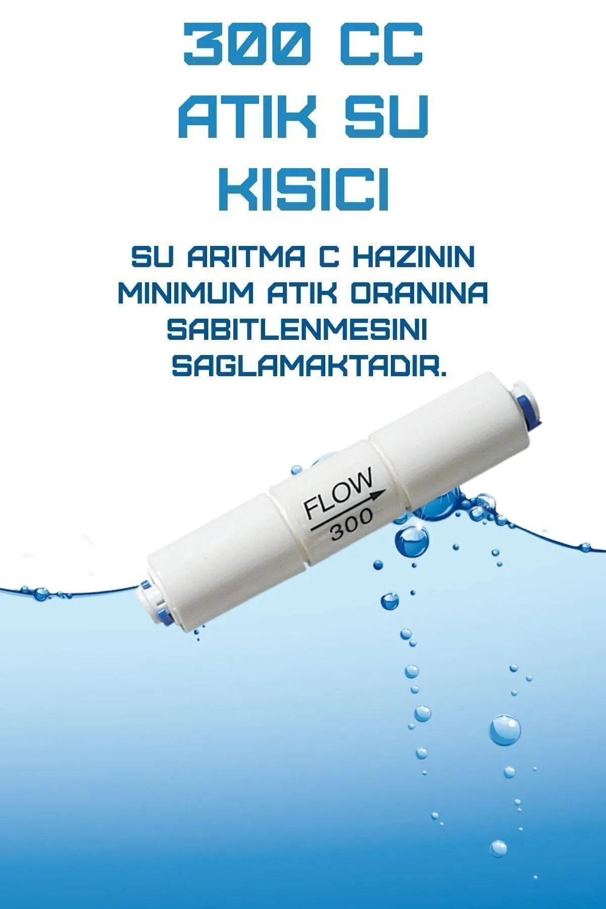 Mavi su damlası arka planında beyaz 300 CC su filtresi.