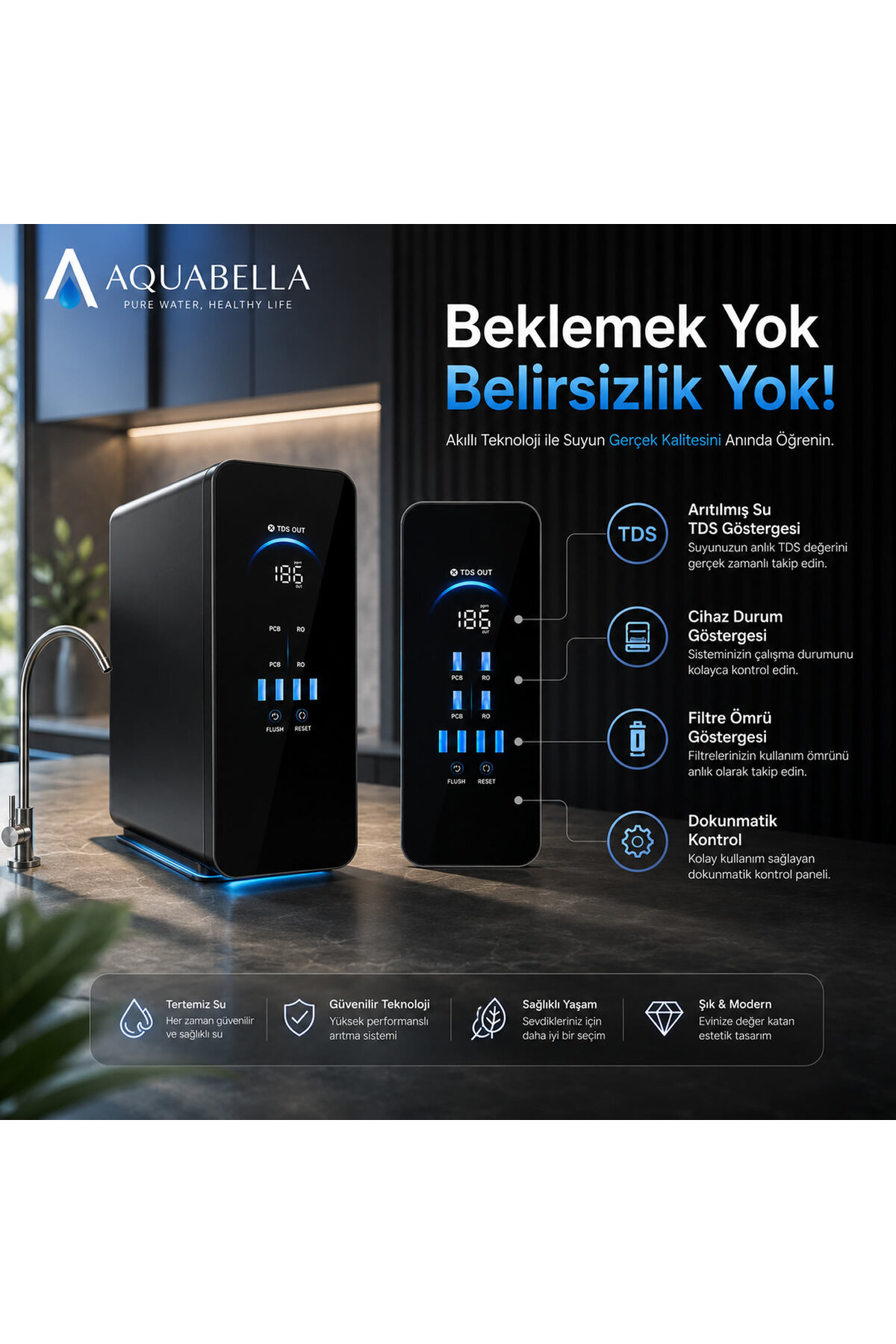 Dijital ekranlı ve özellik etiketli tezgah üstü Aquabella su arıtma cihazı.