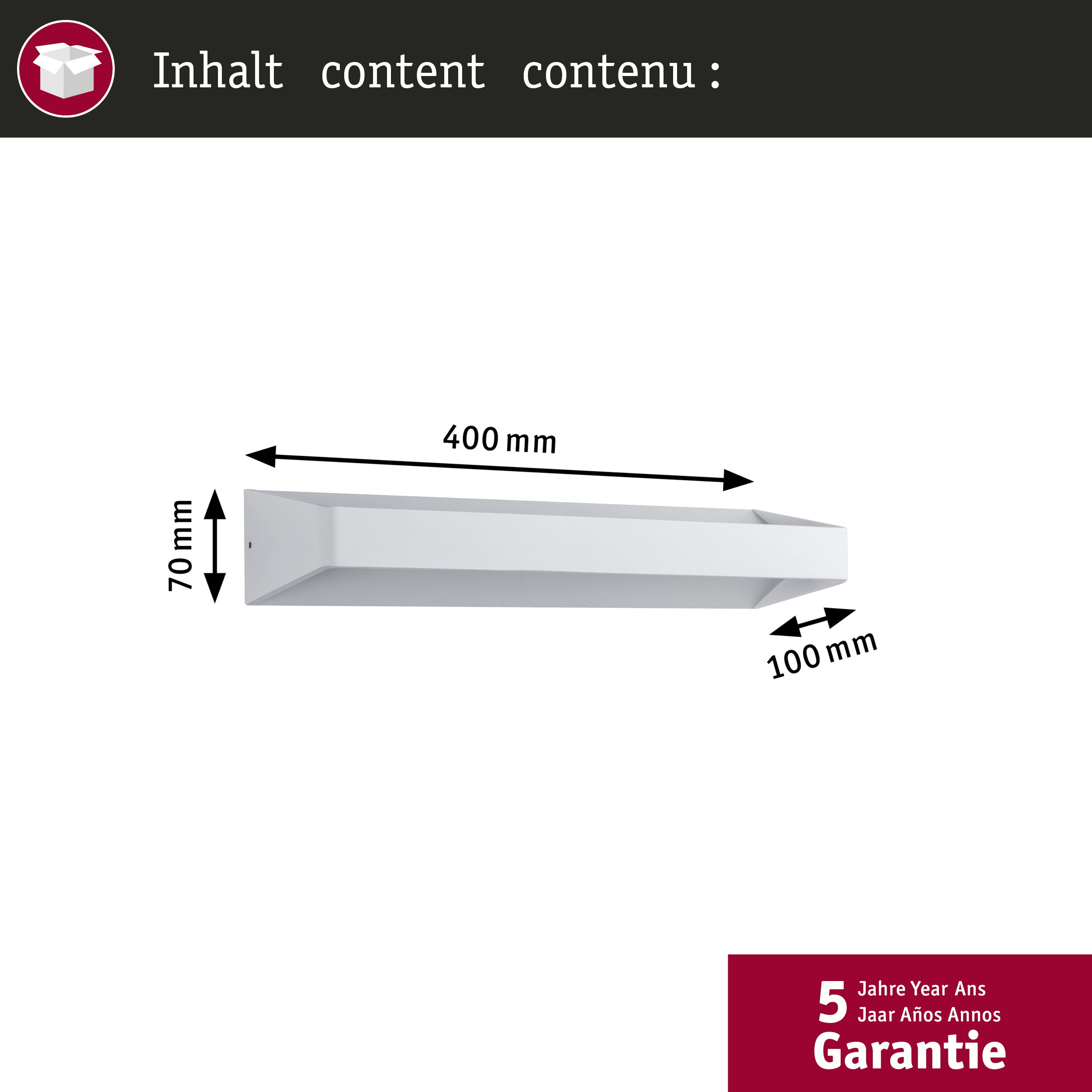 Technische Zeichnung einer länglichen weißen Leuchte mit Maßen: 400 mm lang, 70 mm hoch und 100 mm tief.