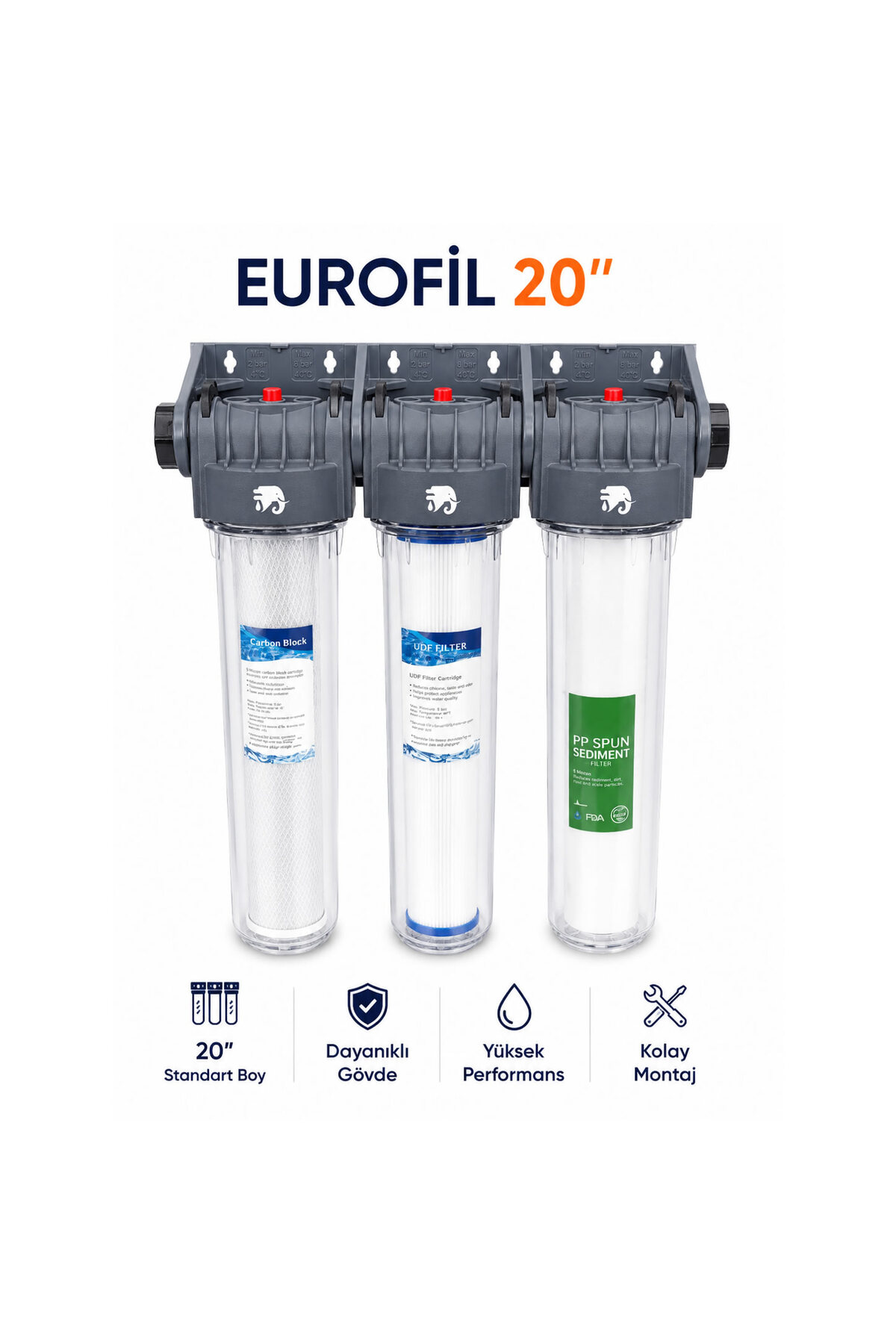 Karbon, UDF ve sediment filtreli, beyaz arkaplanlı Eurofil 20 inç üçlü su arıtma sistemi.