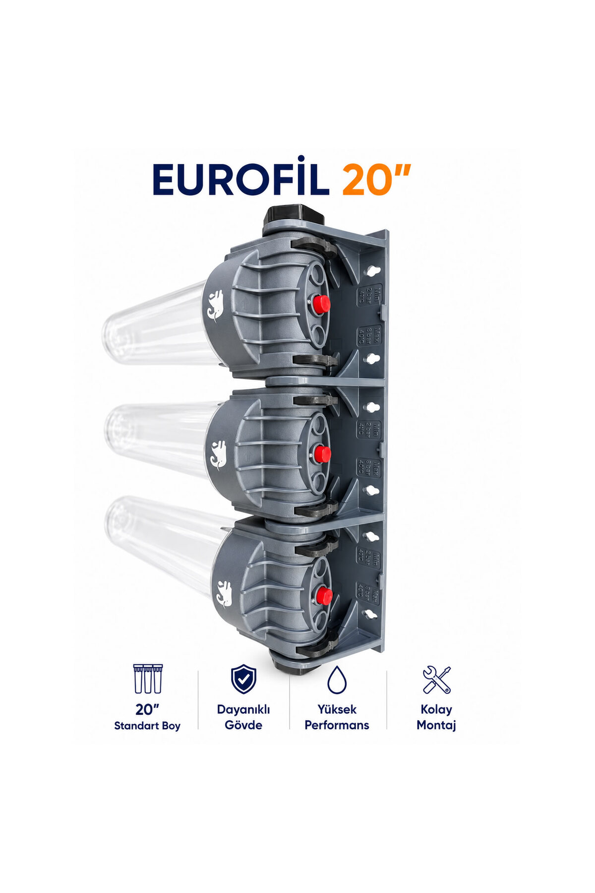 Şeffaf hazneli ve gri montaj braketli Eurofil 20 inç üçlü su arıtma sistemi.