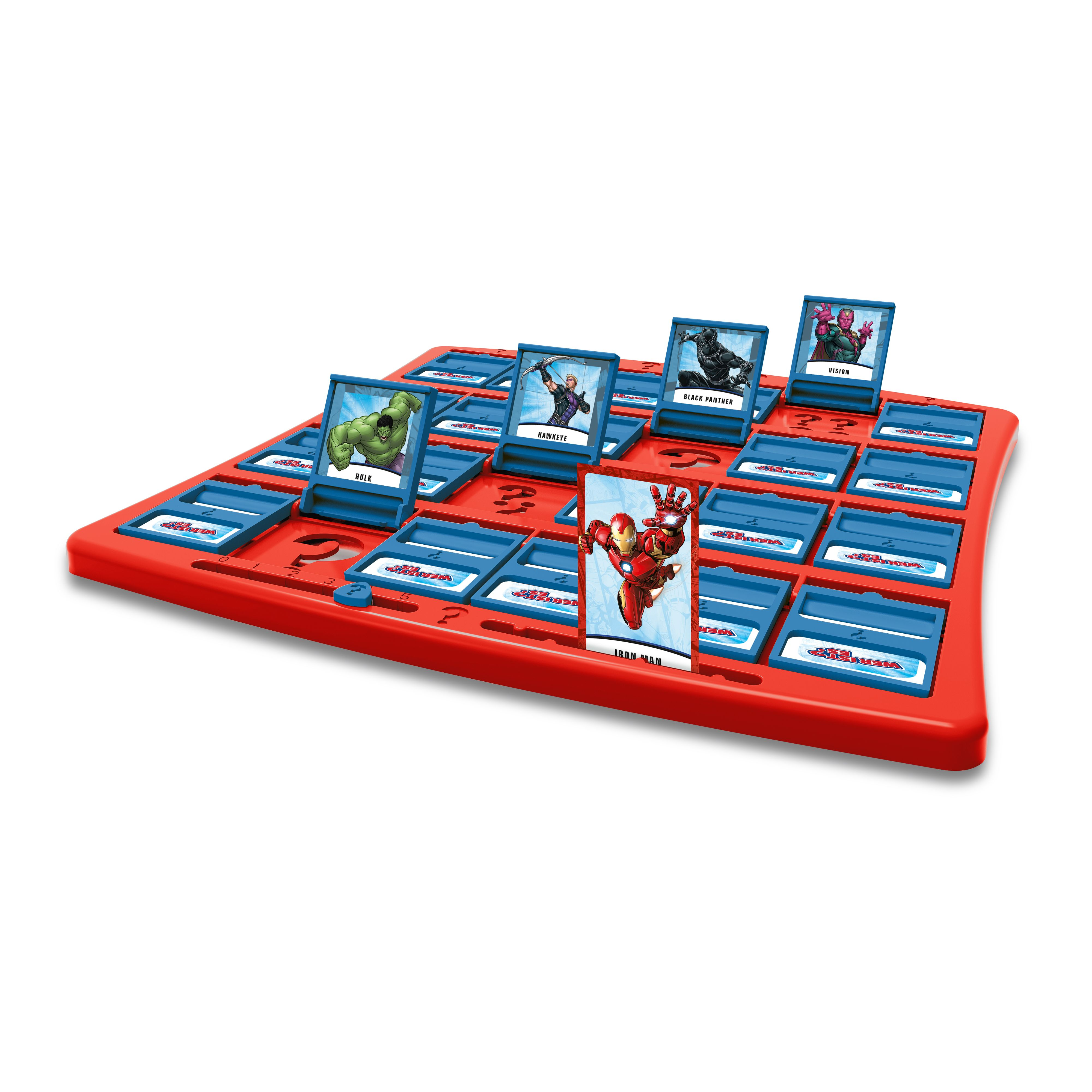 Marvel Guess Who Brettspiel mit Charakteren wie Hulk und Iron Man auf rotem und blauem Raster.