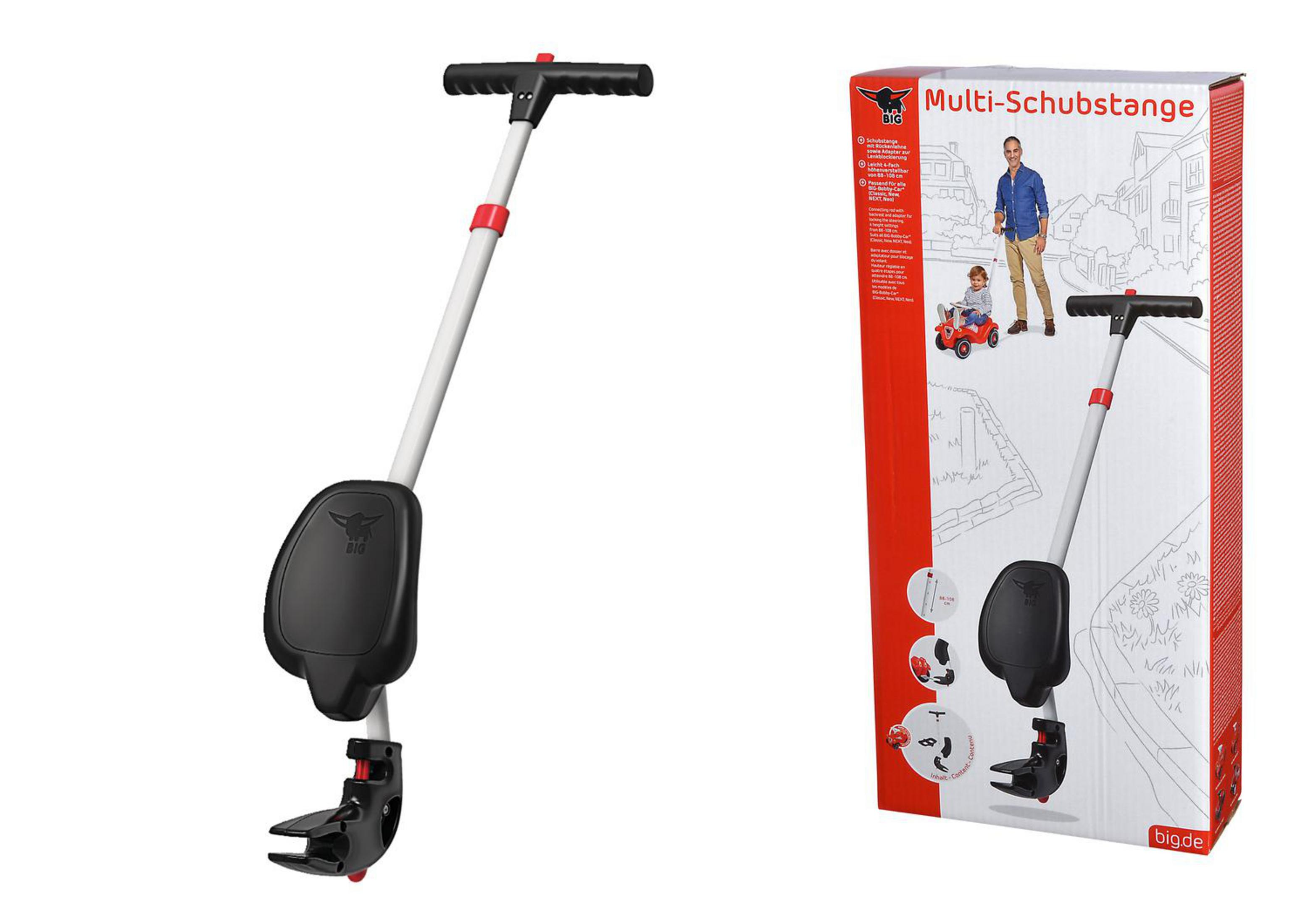 Eine weiße Schubstange mit schwarzem Griff und Sitz sowie die dazugehörige Produktverpackung.