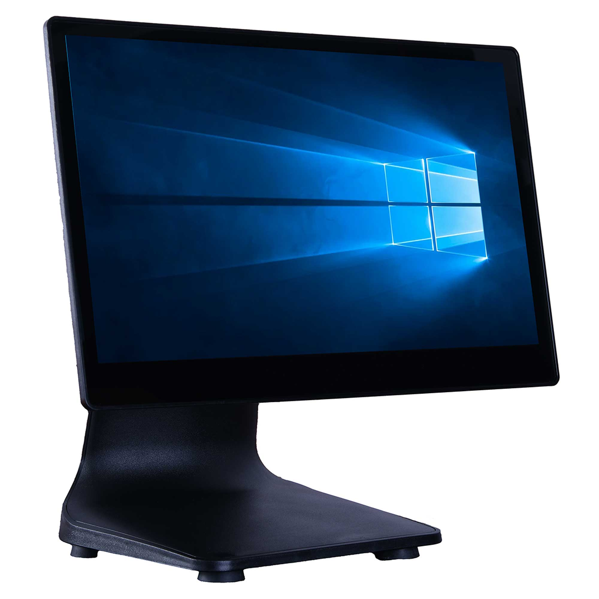 Stand üzerinde mavi varsayılan Windows duvar kağıdını gösteren siyah bir dokunmatik ekran.