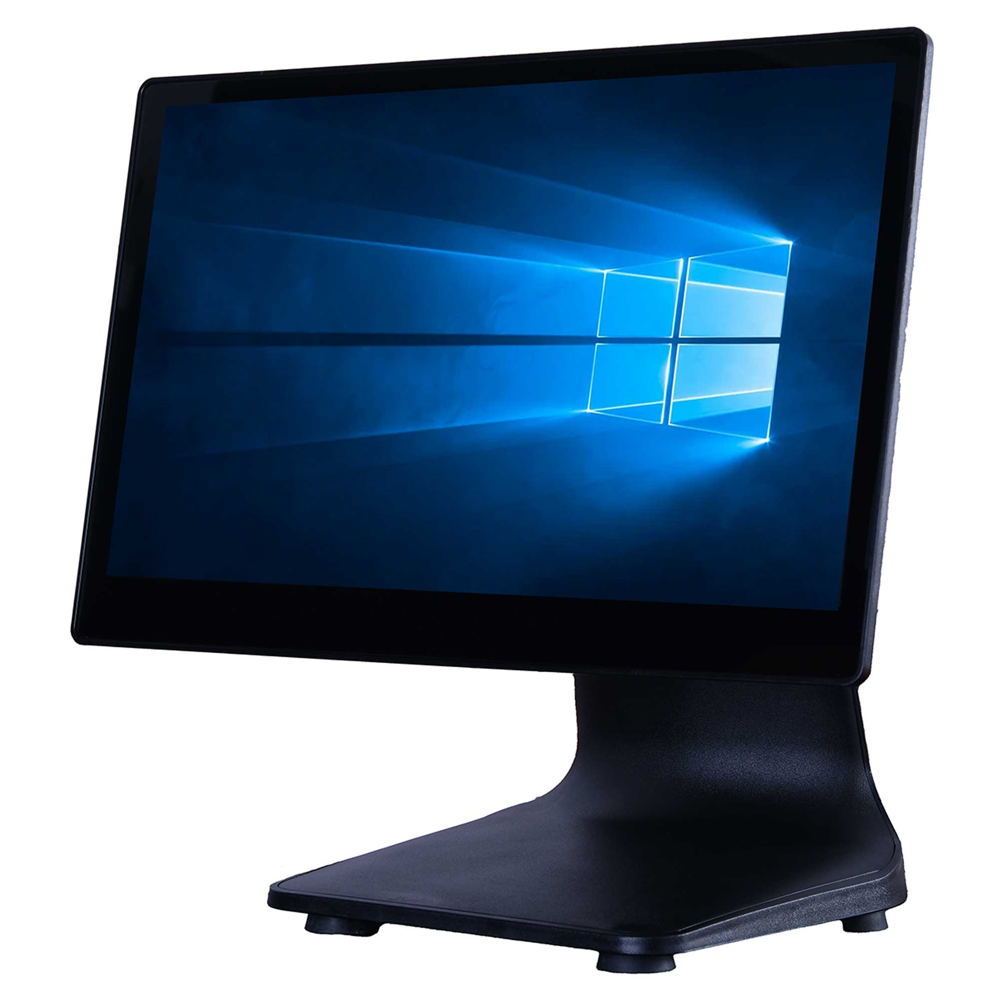 Mavi Windows masaüstü arka planını gösteren stant üzerinde siyah dokunmatik ekranlı terminal.