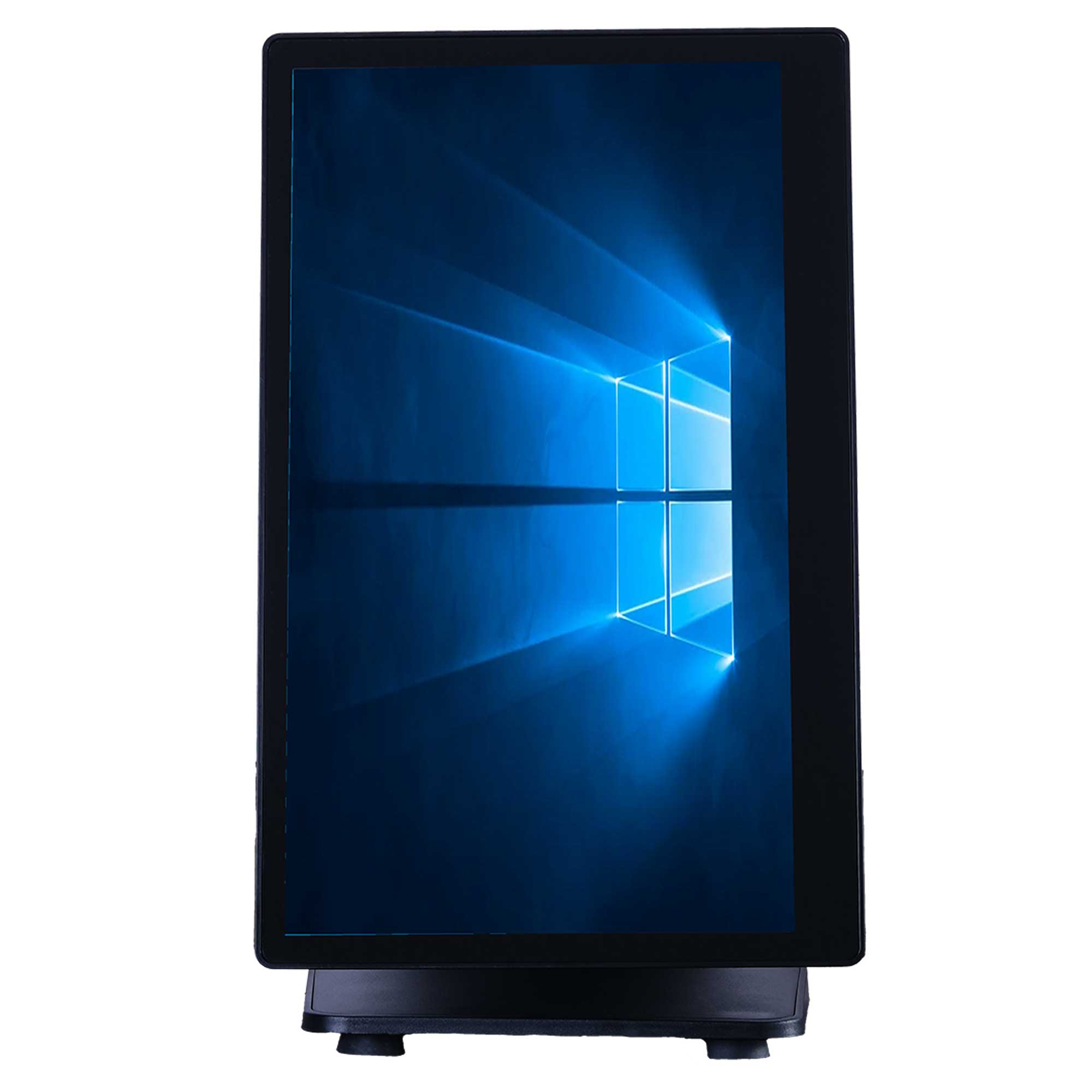 Varsayılan mavi Windows arka planını gösteren siyah bir dokunmatik ekranlı monitör.