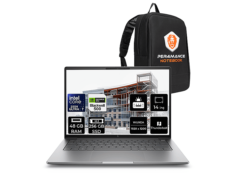 HP ZBook 8 G1i RTX 500 Ada 4GB FHD+ A3ZW7ETPN326 Intel Core Ultra 7 255H 48 GB RAM 256 GB SSD 14 inç FreeDOS Laptop+Çanta Gri