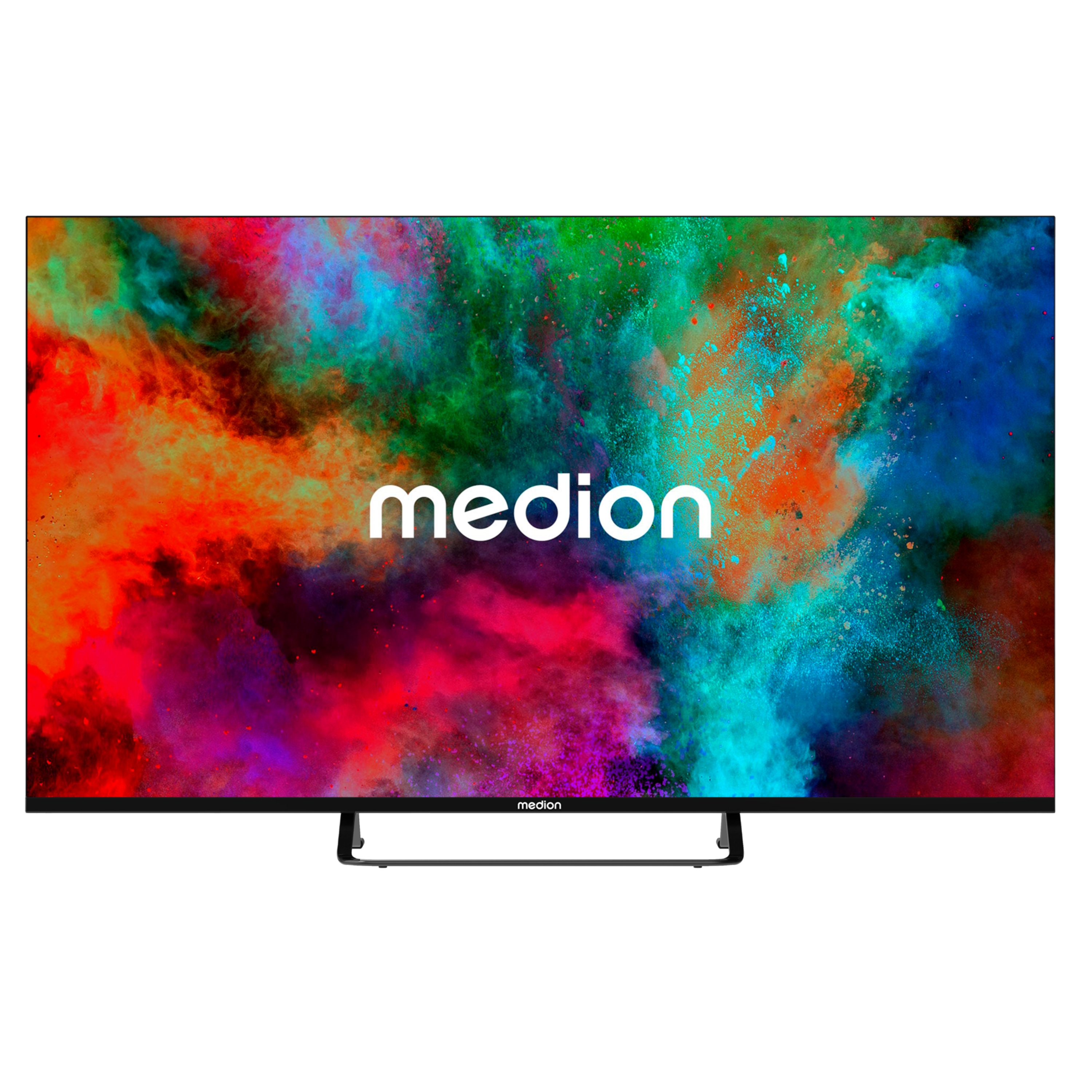 Ein schwarzer Medion-Fernseher mit einem bunten Farbnebel-Hintergrund und dem Markenlogo in der Mitte.