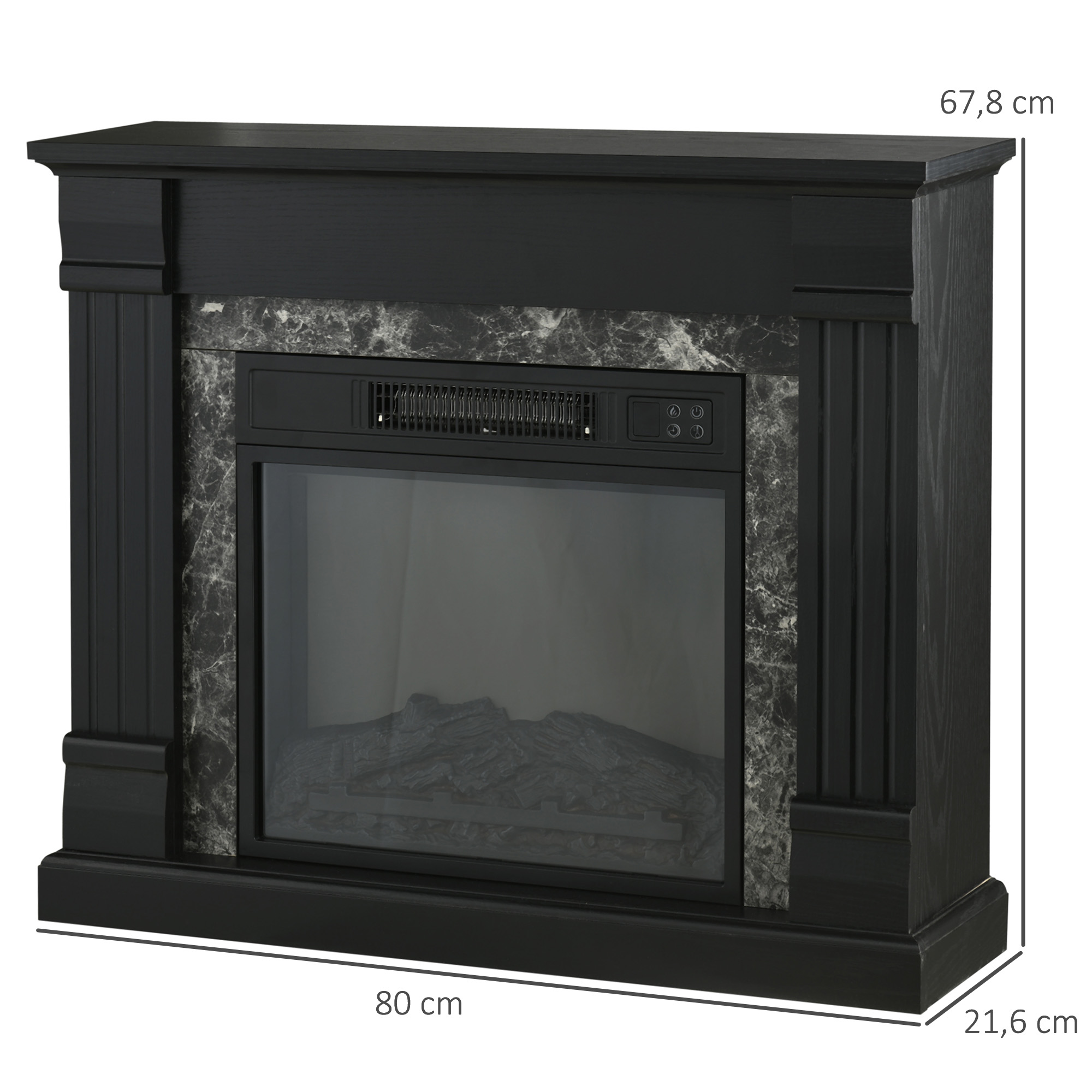 Chimenea eléctrica negra con detalles de mármol, 80x67,8x21,6 cm.
