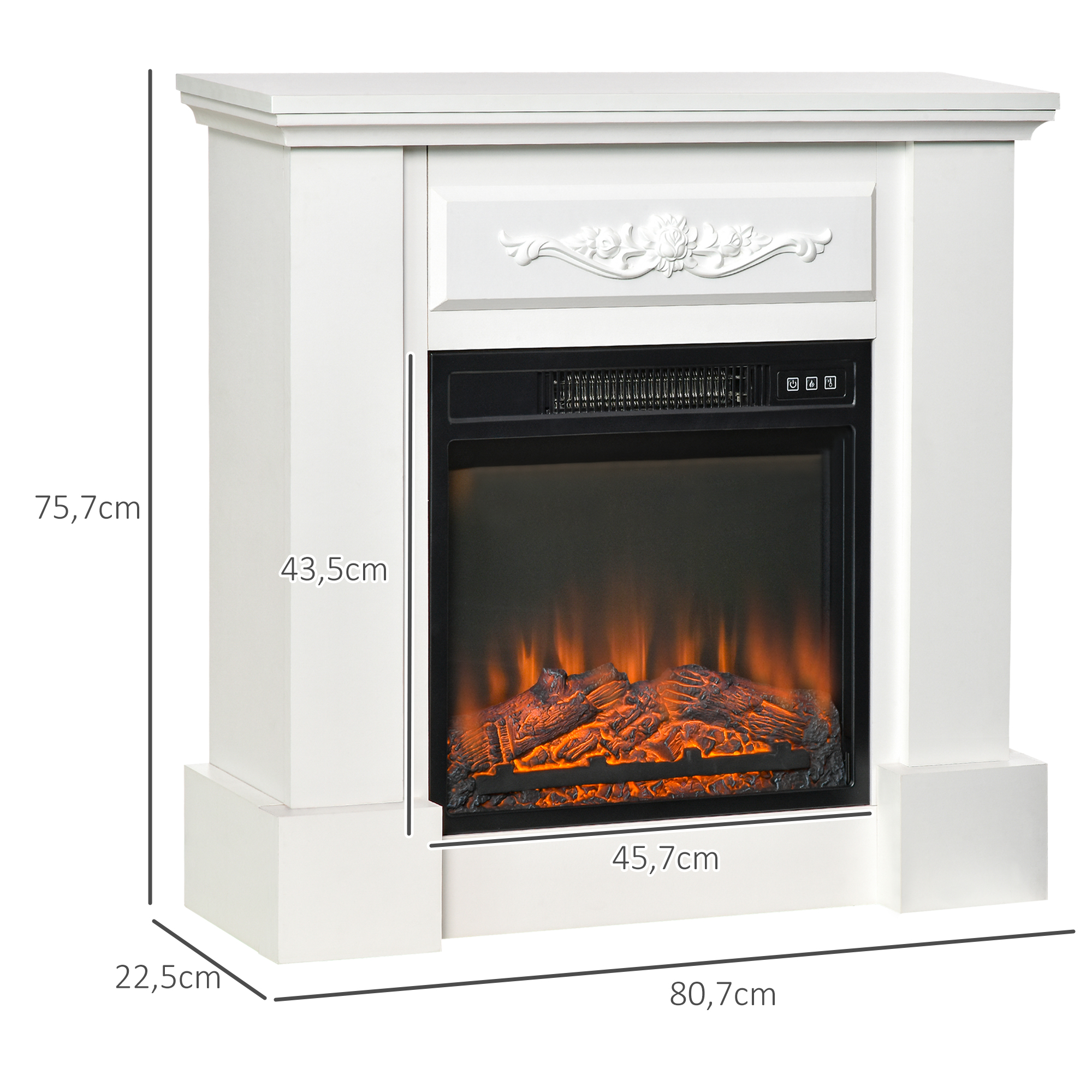 Chimenea eléctrica blanca con inserto de fuego integrado y medidas.