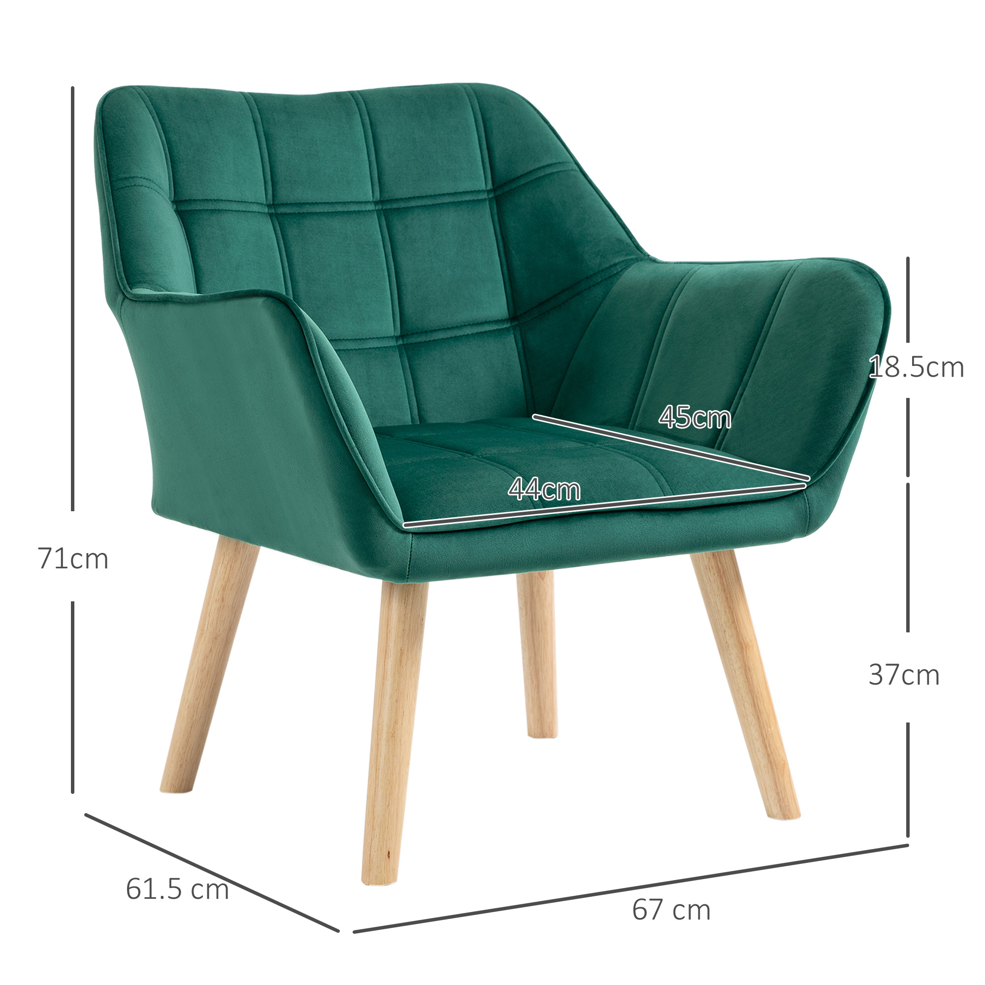 Poltrona in velluto verde con gambe in legno e linee di misura bianche.