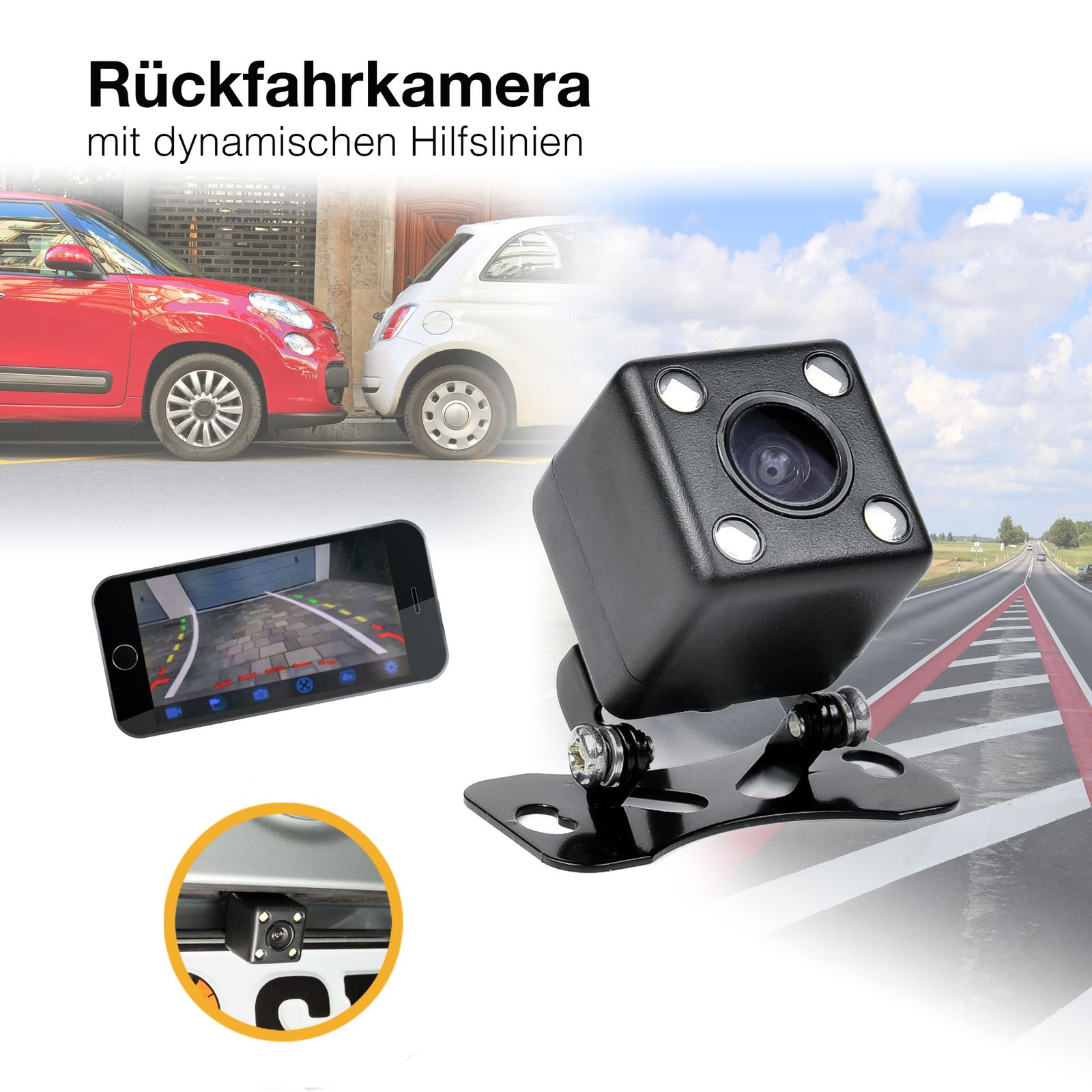 Rückfahrkamera mit quadratischem Design, Halterung und Smartphone-Display mit Hilfslinien.