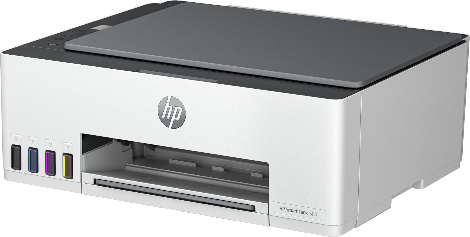 Una stampante bianca HP Smart Tank 580 con serbatoi d'inchiostro visibili sul davanti.