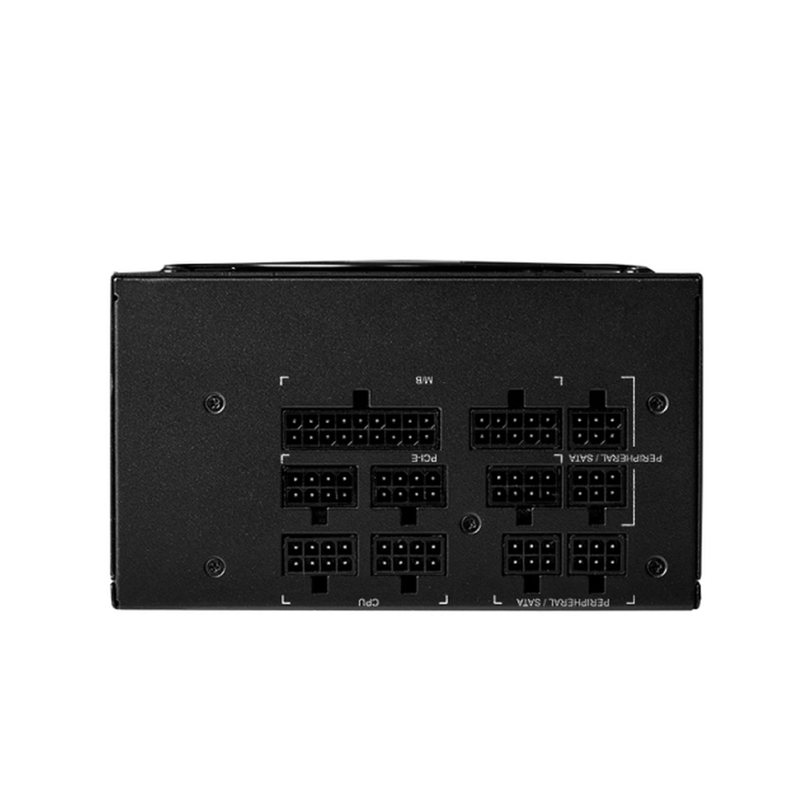 Rückseite eines schwarzen PC-Netzteils mit verschiedenen modularen Stromanschlüssen.