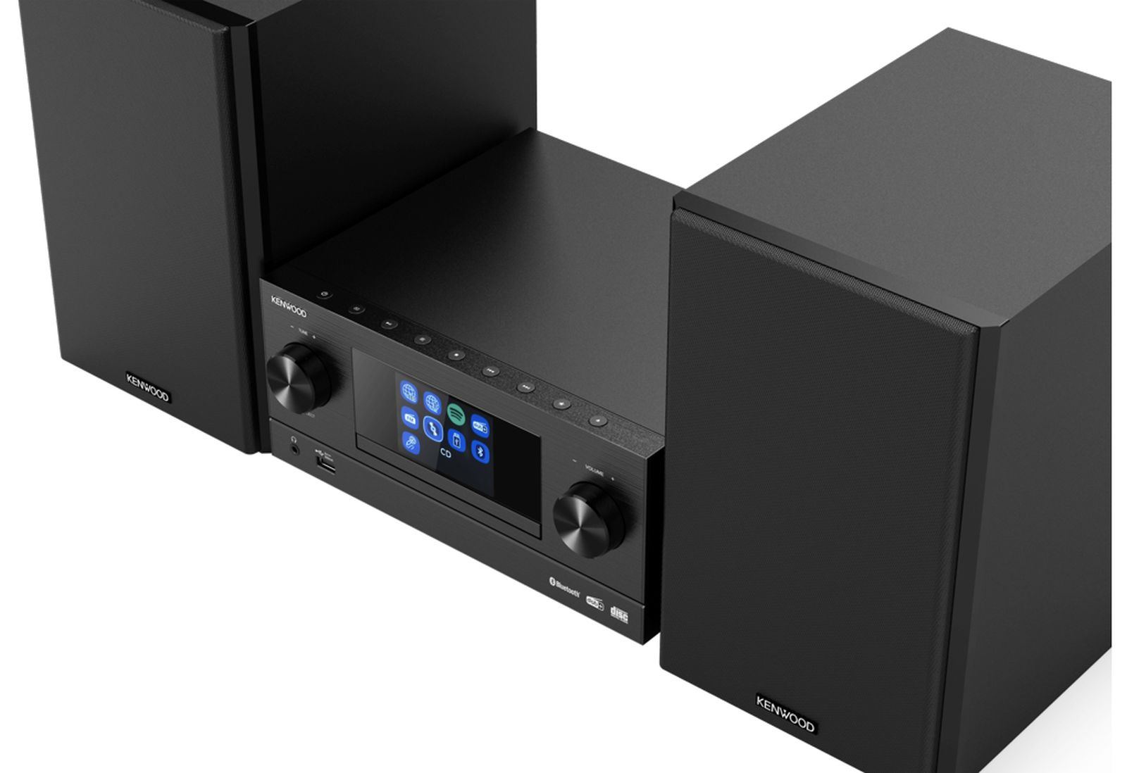 Ein schwarzes Kenwood Hifi-System mit zwei Lautsprechern, Display und Reglern auf einer weißen Oberfläche.
