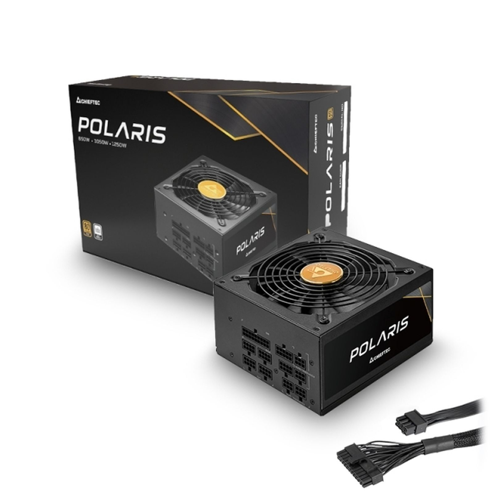 Chieftec Polaris schwarzes Netzteil vor der Markenverpackung, unten mit modularen Kabeln.