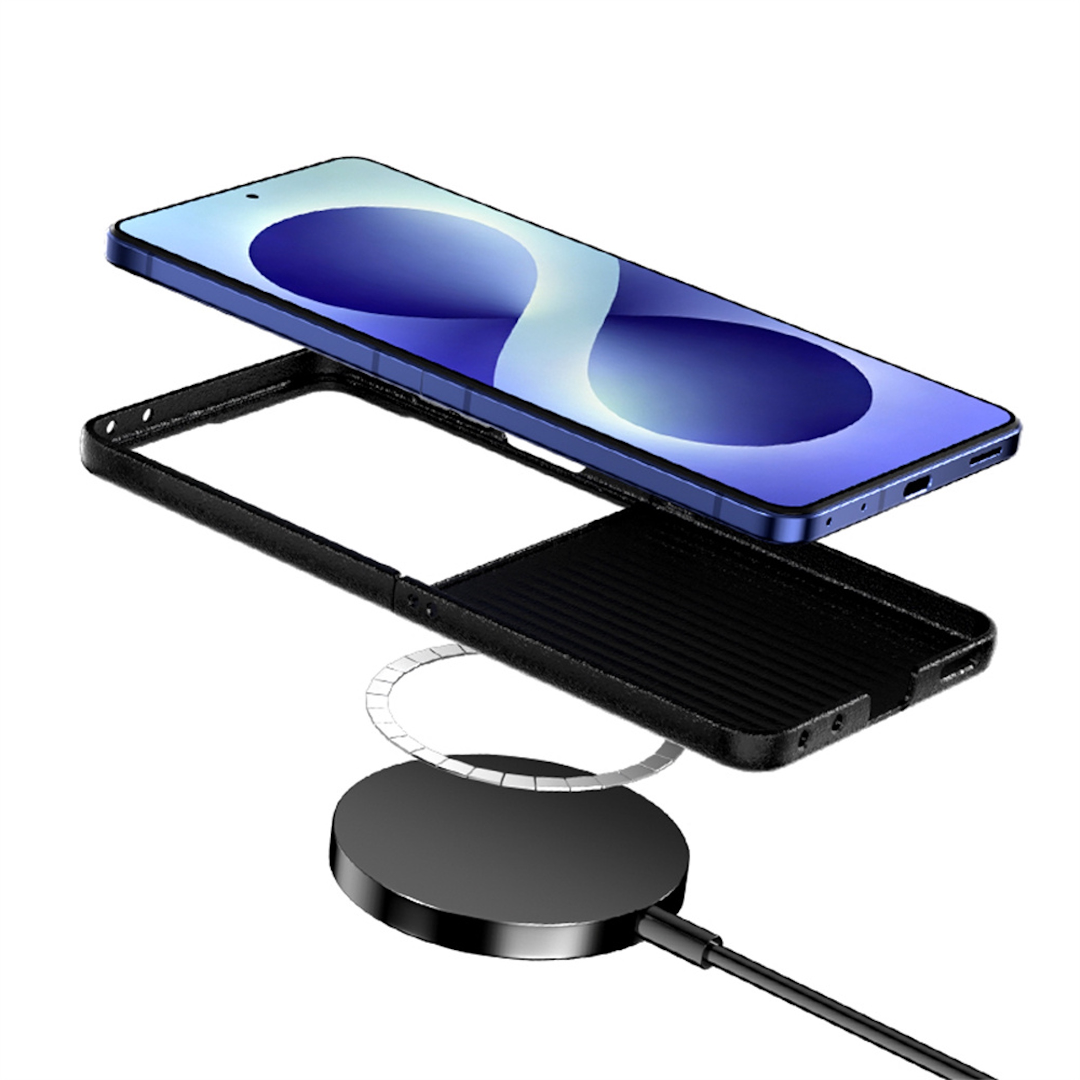 Ein Smartphone schwebt über einer Schutzhülle und einem drahtlosen Ladegerät vor weißem Hintergrund.