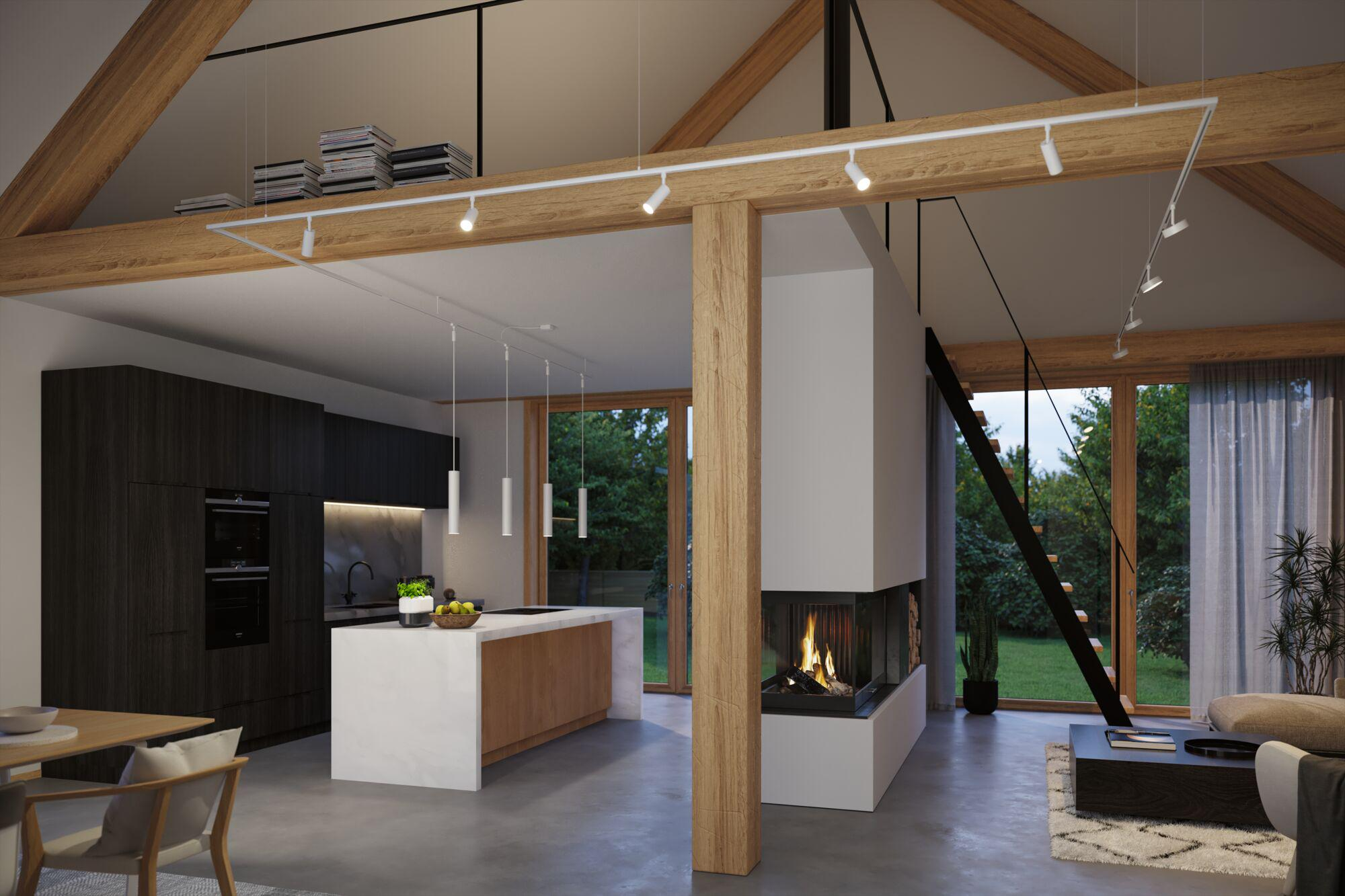 Ein modernes offenes Wohnzimmer und Küche mit Holzbalken, einem Kamin und großen Fenstern.