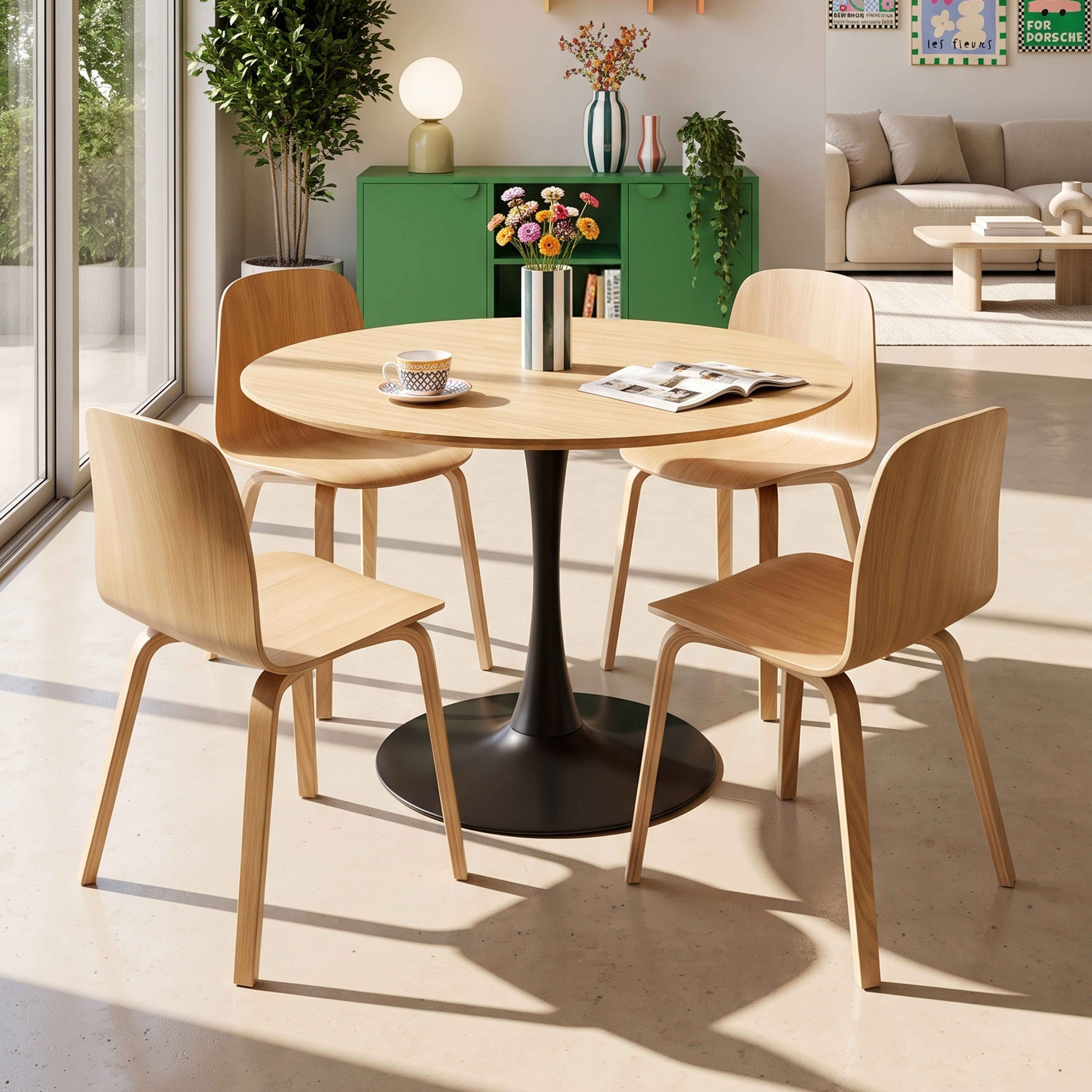 Ein runder Holzesstisch mit vier passenden Stühlen steht in einem hellen, modernen Raum mit einem grünen Sideboard.