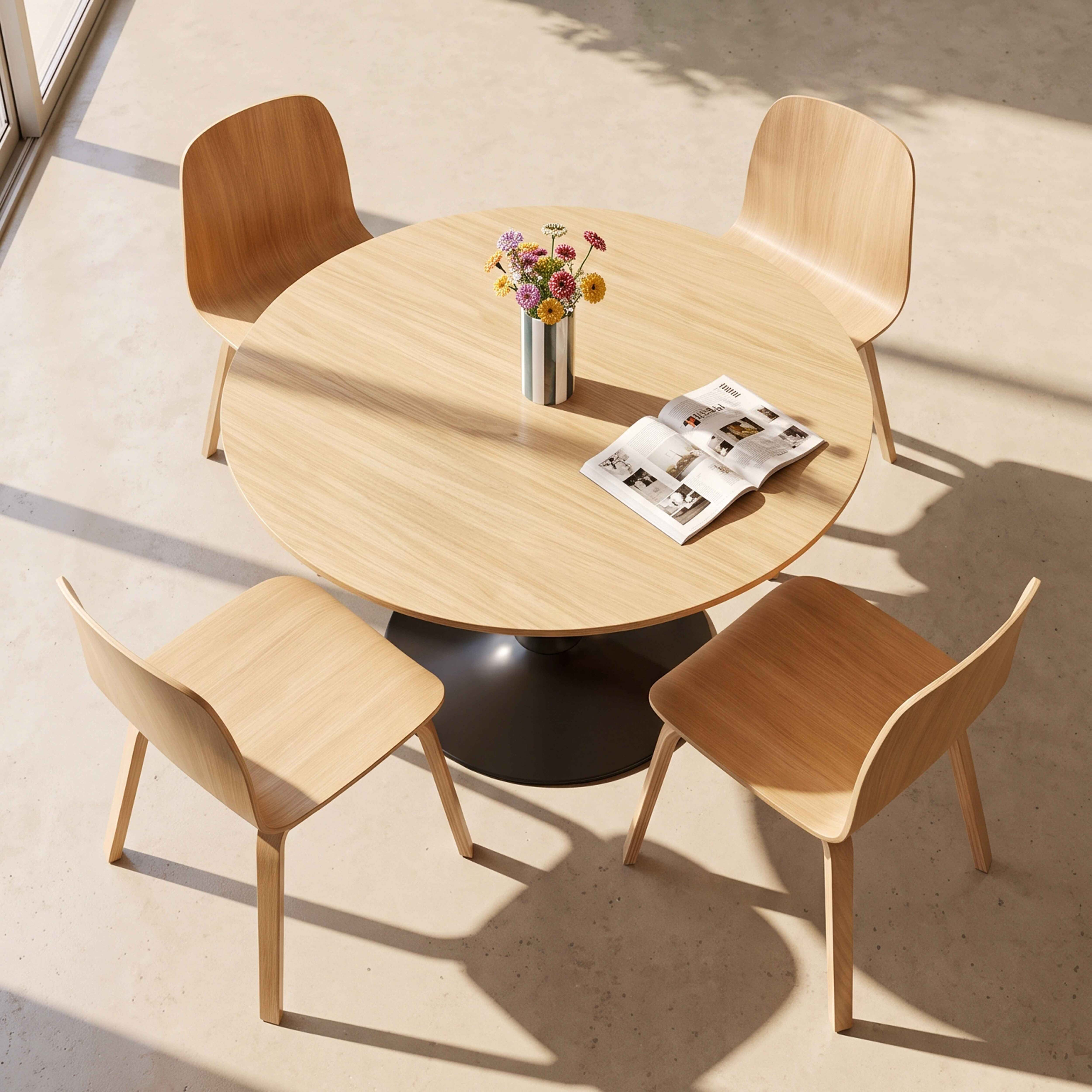 Ein runder Holztisch mit vier Stühlen, einer Blumenvase und einer geöffneten Zeitschrift in einem hellen Raum.