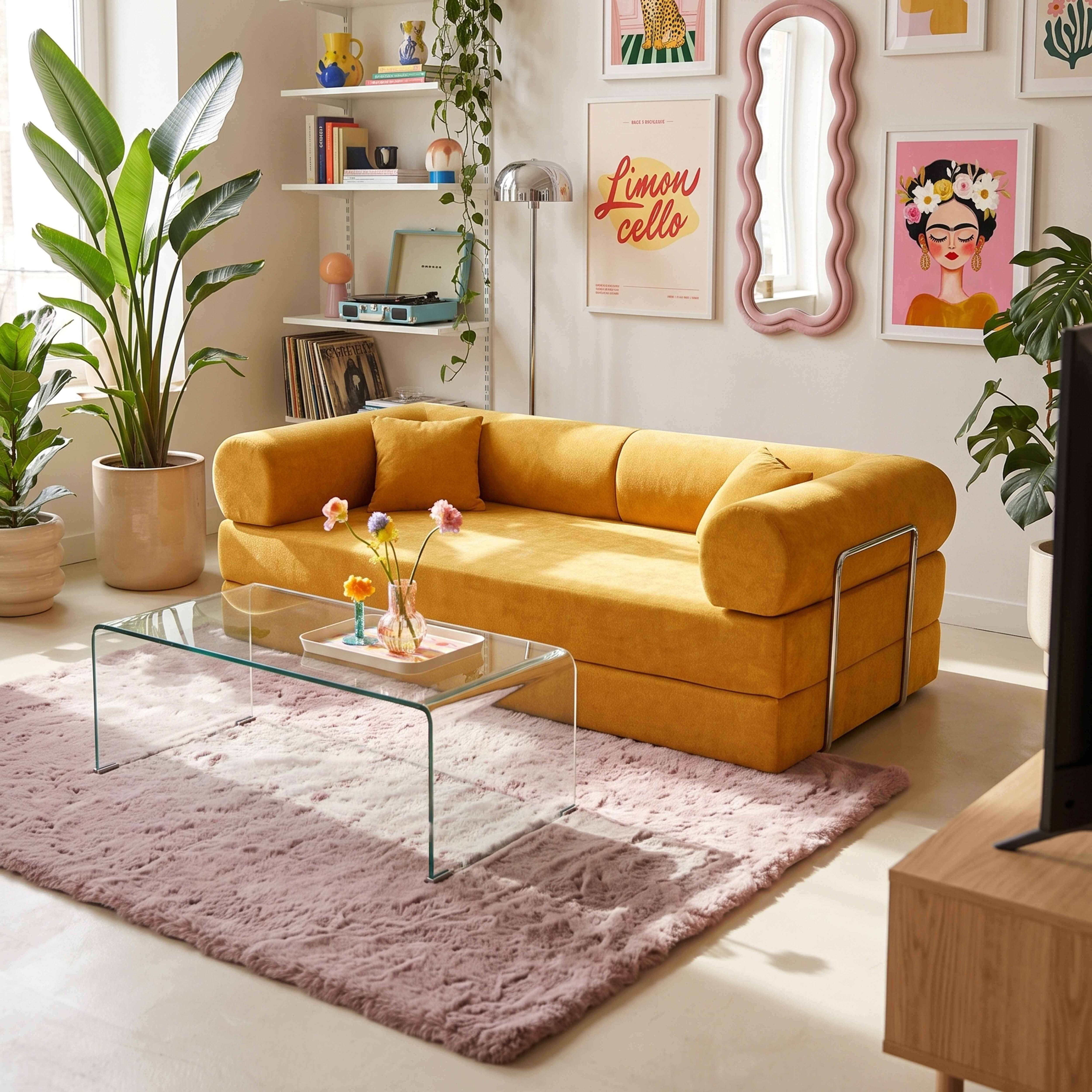 Ein gelbes Sofa in einem hellen Wohnzimmer mit Glastisch, rosa Teppich, Zimmerpflanzen und Wandkunst.