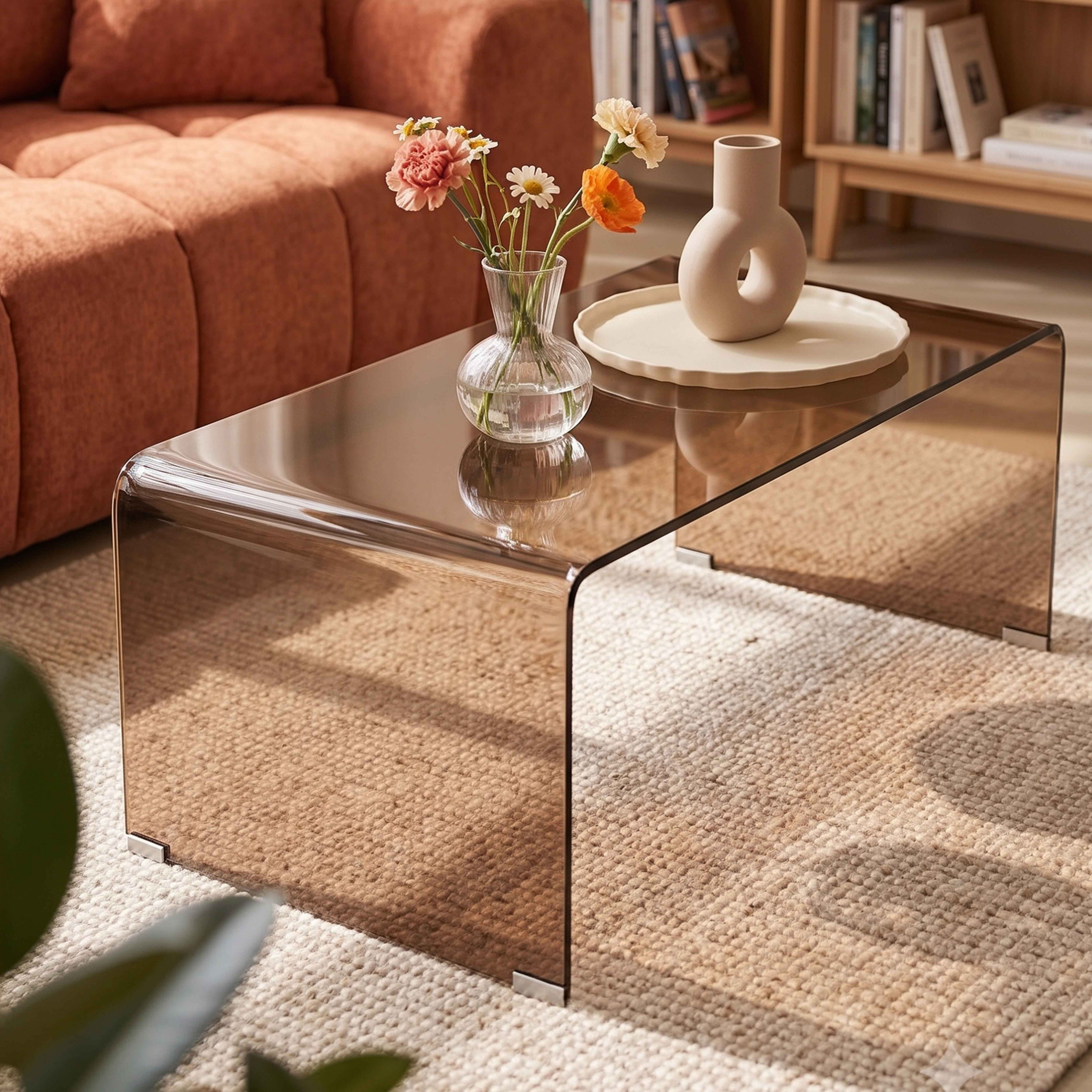 Ein brauner Glastisch mit Blumenvase und Tablett steht vor einem orangefarbenen Sofa auf einem Teppich.