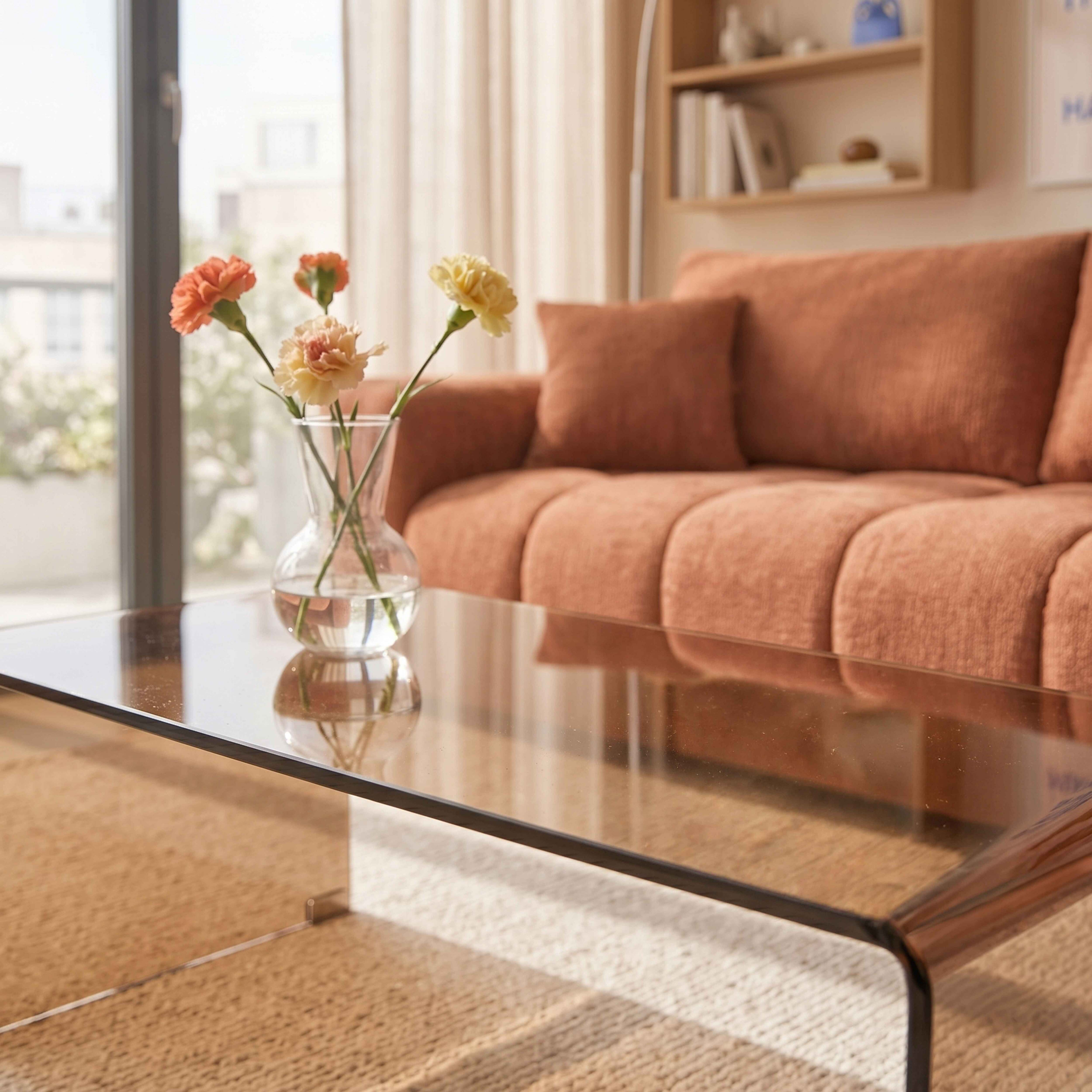 Eine Glasvase mit bunten Nelken steht auf einem Glastisch vor einer orangefarbenen Couch.