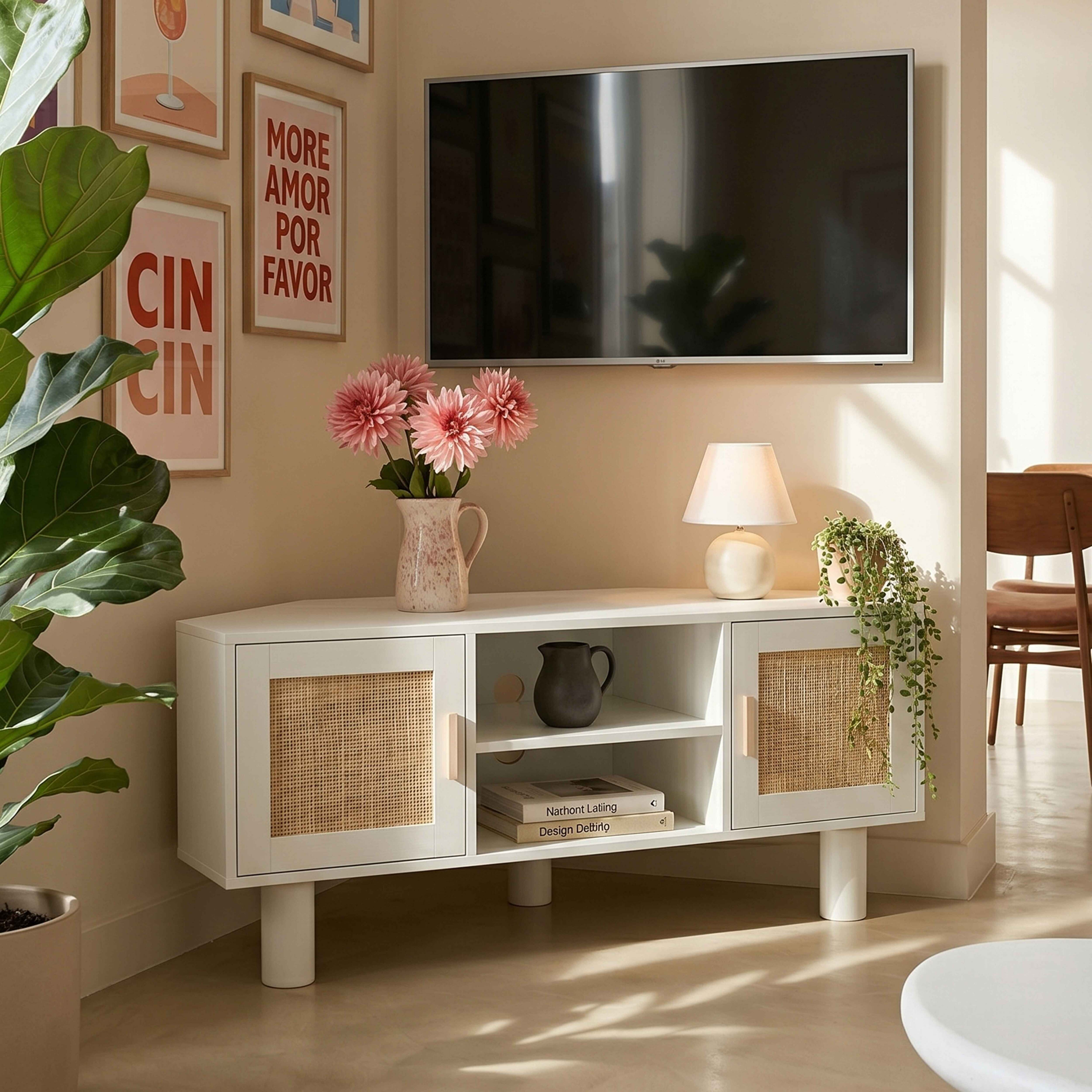 Ein weißer Medienschrank mit Rattandetails, rosa Blumen, einer Lampe und einem Fernseher an der Wand.