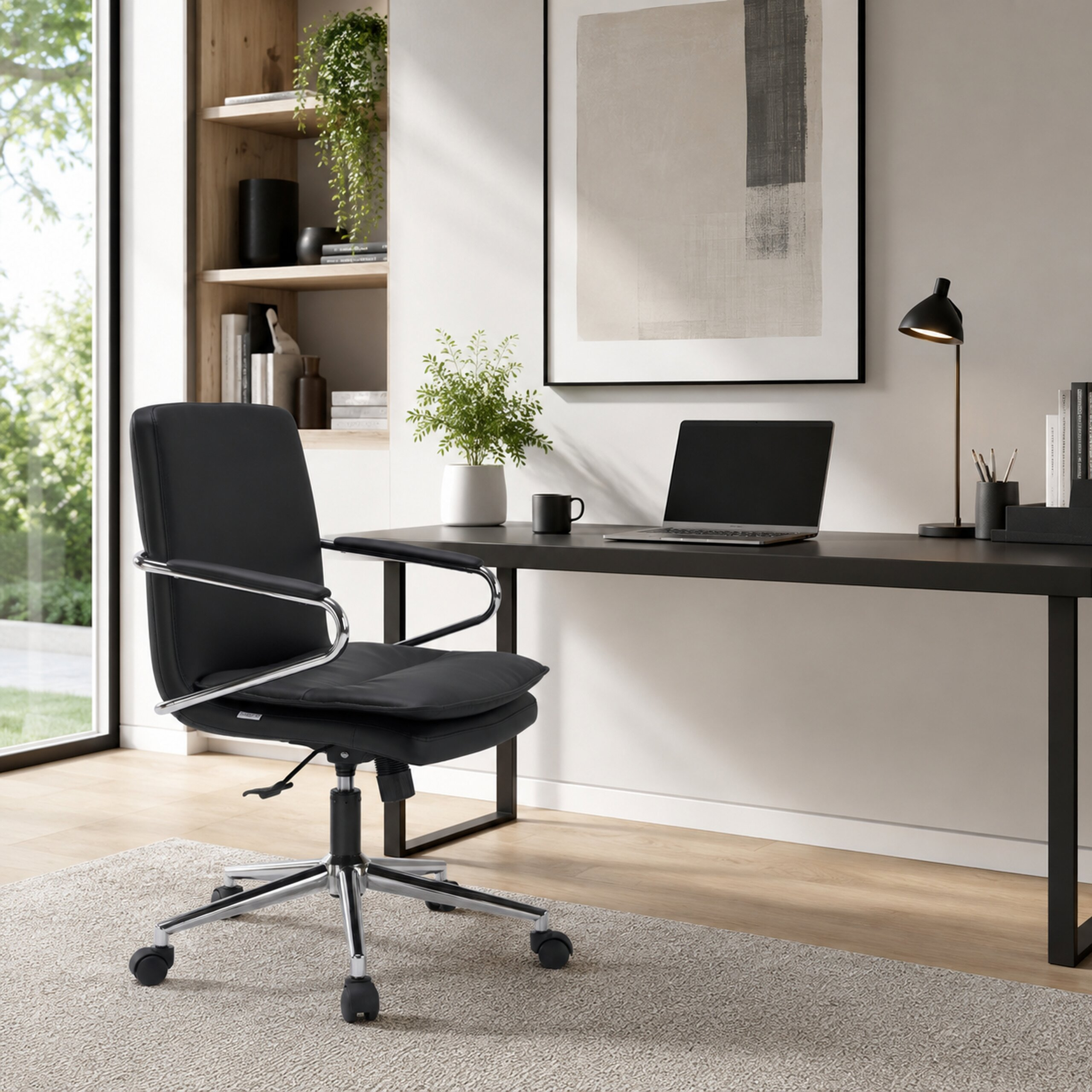 Moderne Schreibtisch mit schwarzem Stuhl, Laptop und Lampe vor einer Wand mit Kunstwerk und Holzregal.
