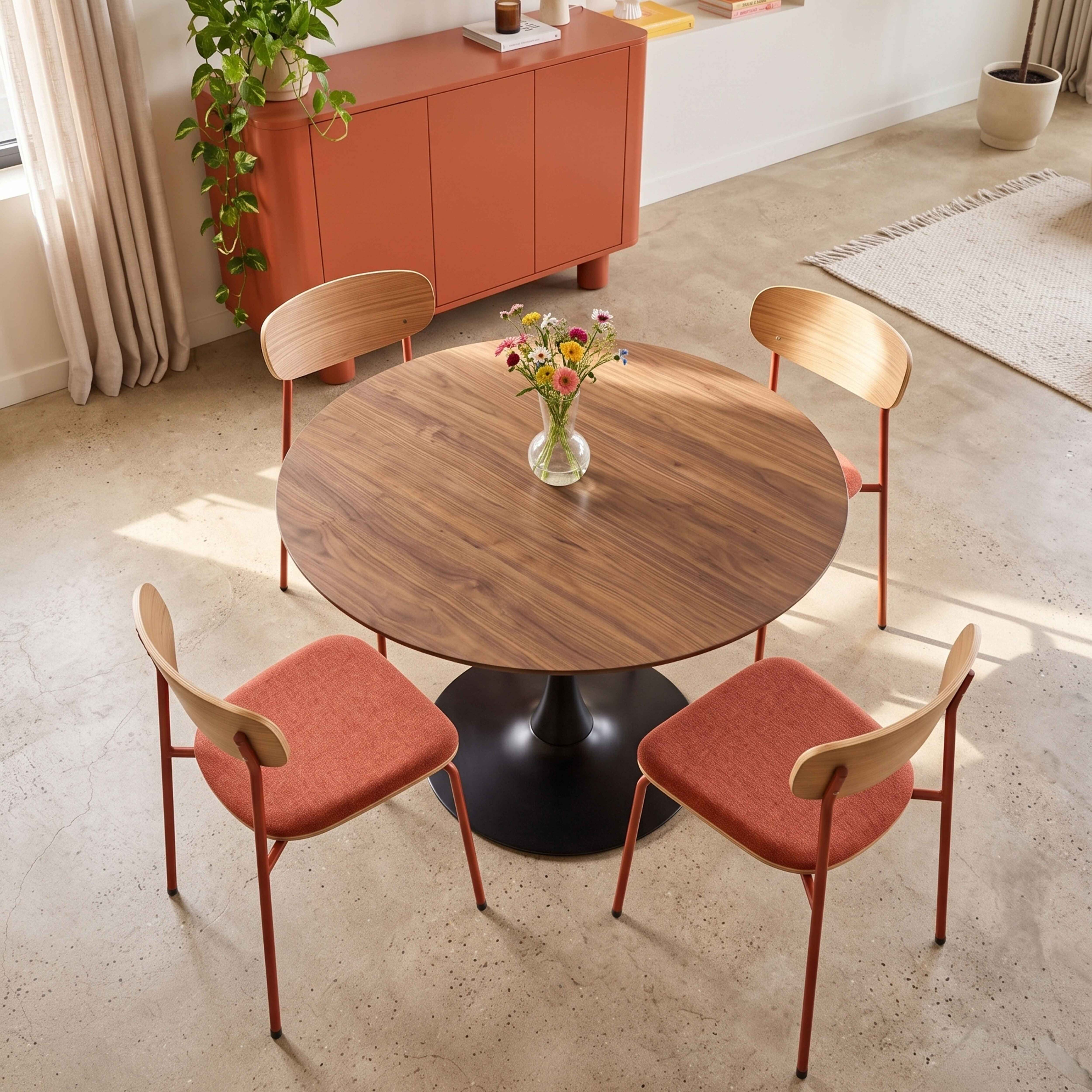 Ein runder Esstisch aus Holz mit vier Stühlen mit orangefarbenen Sitzen und Holzrückenlehnen in einem hellen Raum.