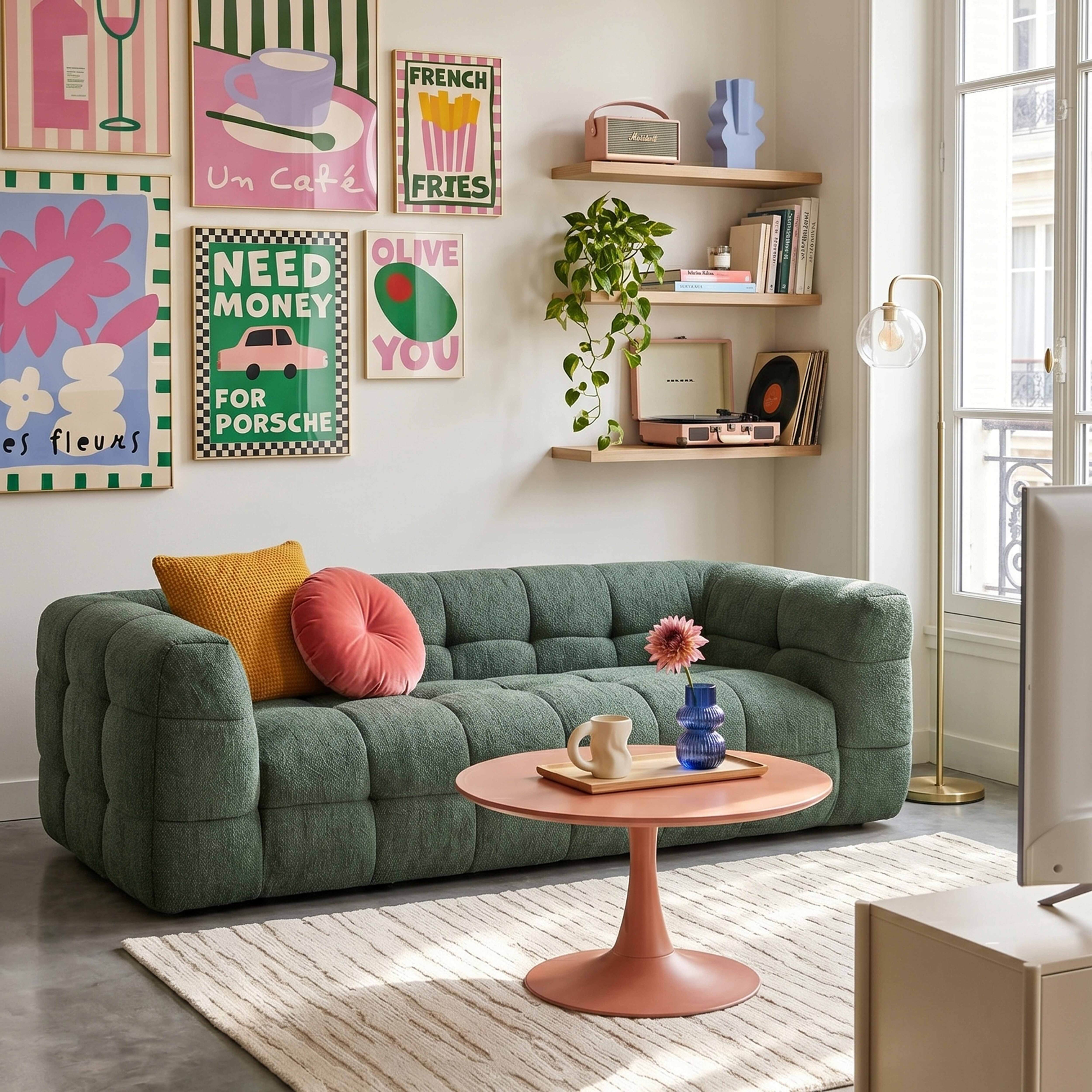 Gemütliches Wohnzimmer mit grünem Sofa, rosafarbenem Tisch, farbenfrohen Postern und Pflanzen.