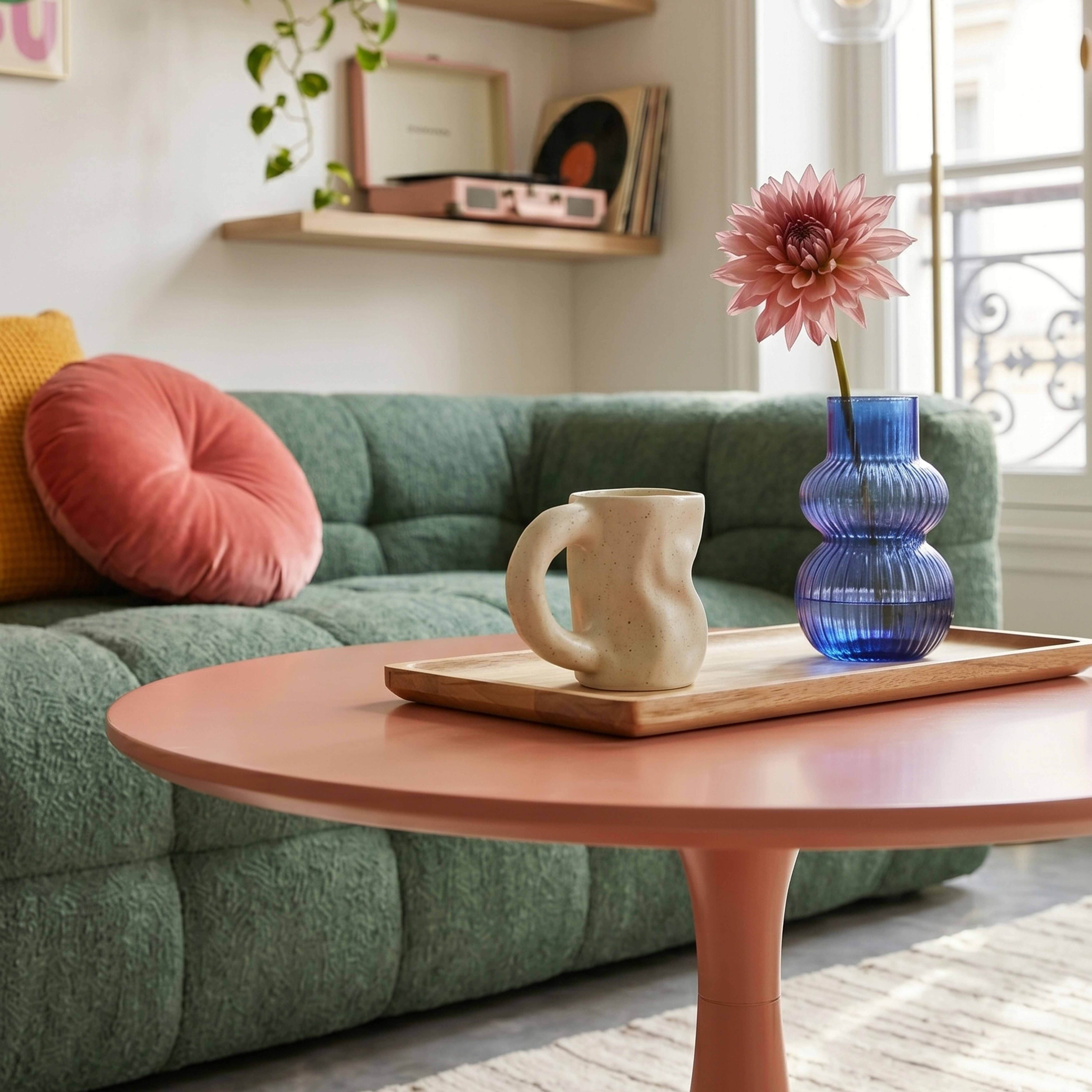 Eine rosafarbene Kaffeetasse und eine blaue Vase mit einer Blume auf einem Holztablett auf einem rosa Tisch vor einem grünen Sofa.