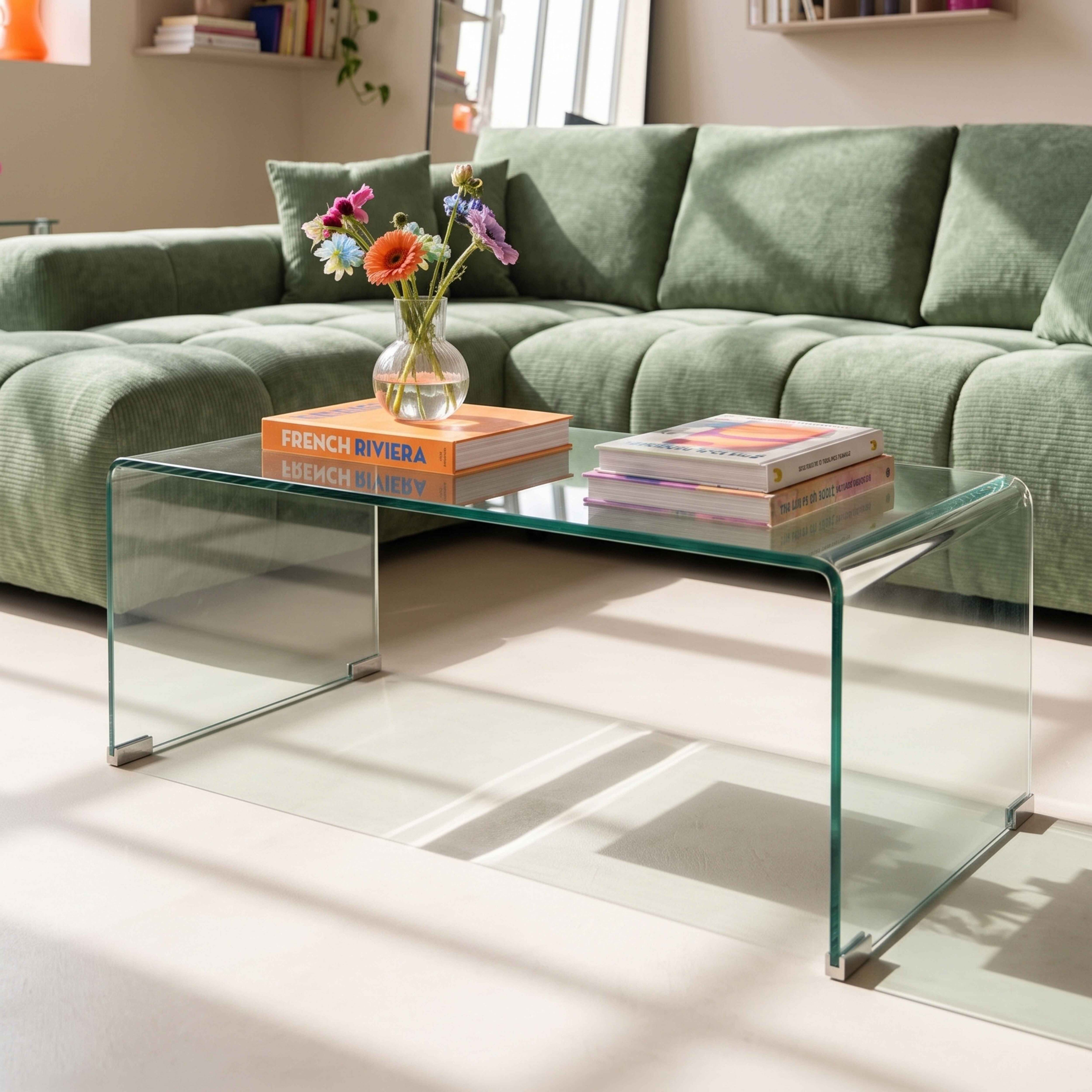 Ein gläserner Couchtisch mit Büchern und Blumen im Vordergrund und ein grünes Sofa im Hintergrund.