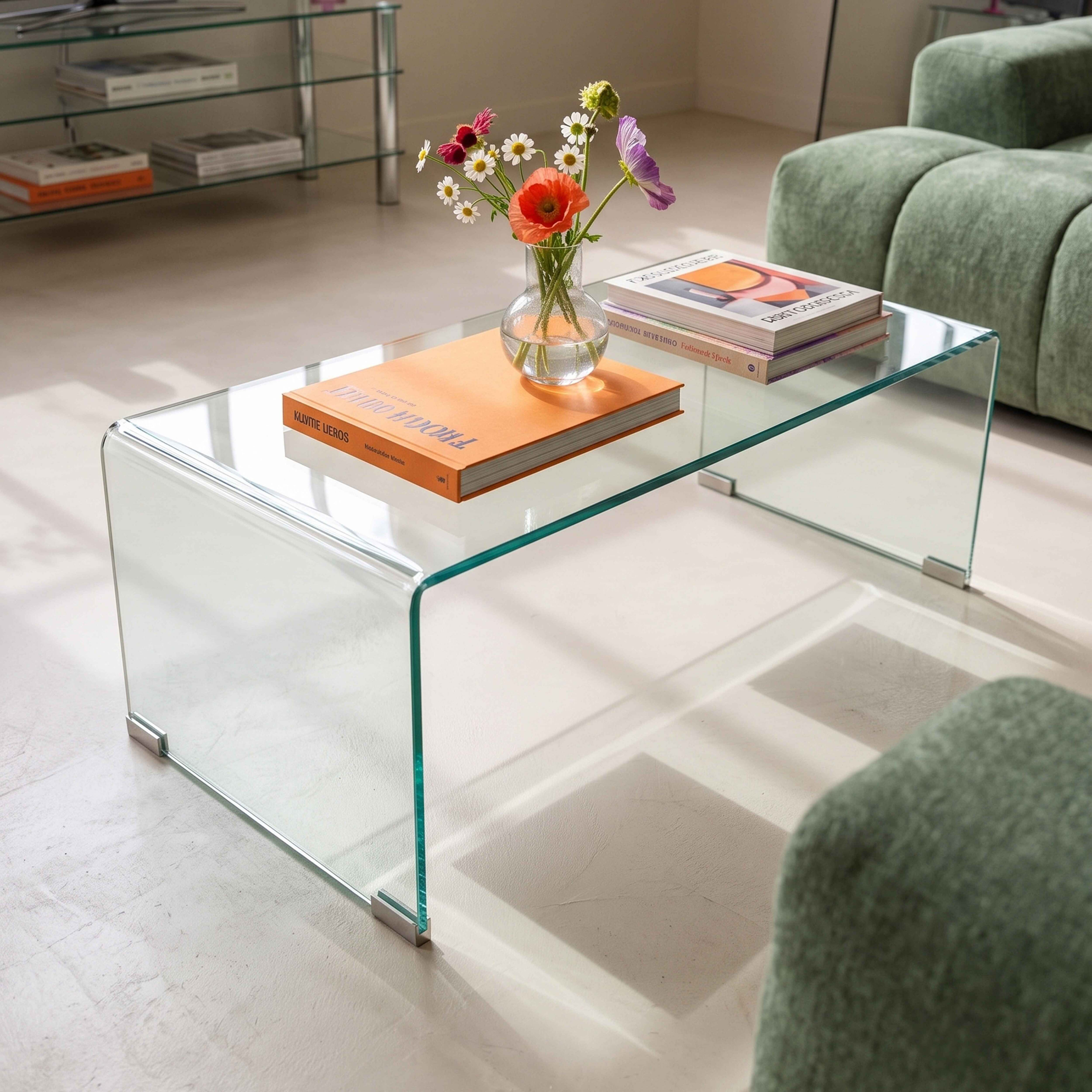 Ein gläserner Couchtisch mit farbigen Büchern und einer kleinen Vase mit Wildblumen in einem hellen Wohnzimmer.