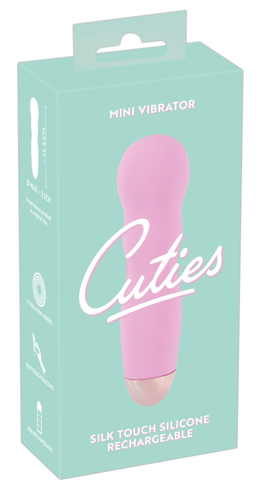 Mintgrüne Box mit der Aufschrift Cuties und einer Abbildung eines rosa Mini-Vibrators.