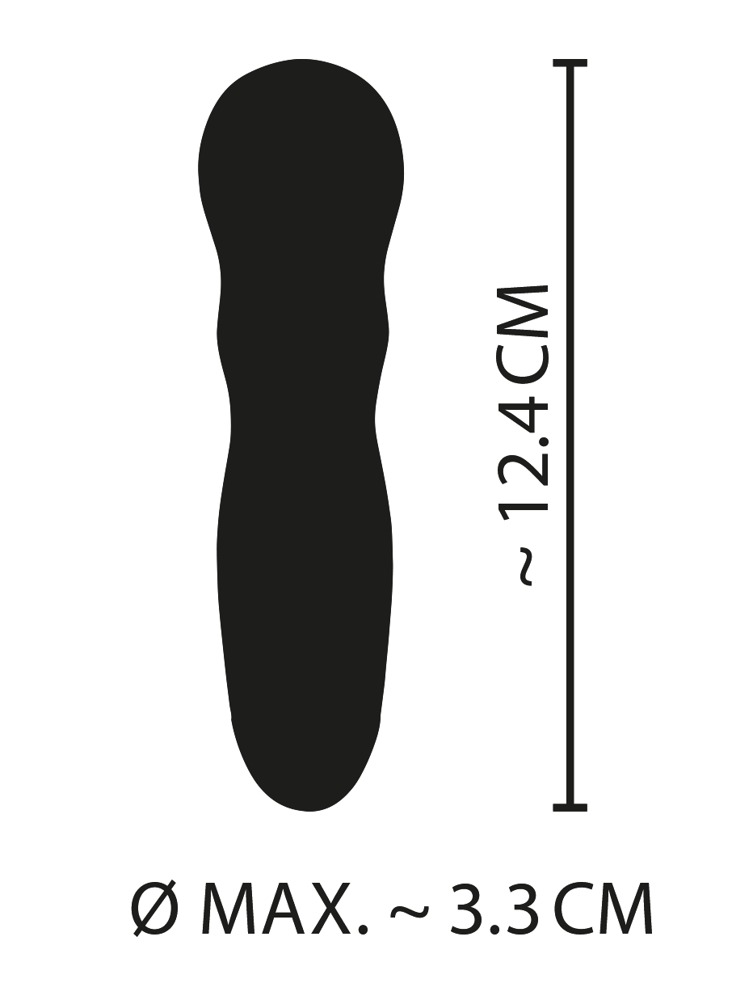 Technische Zeichnung eines Vibrators mit einer Höhe von etwa 12,4 cm und einem maximalen Durchmesser von rund 3,3 cm.