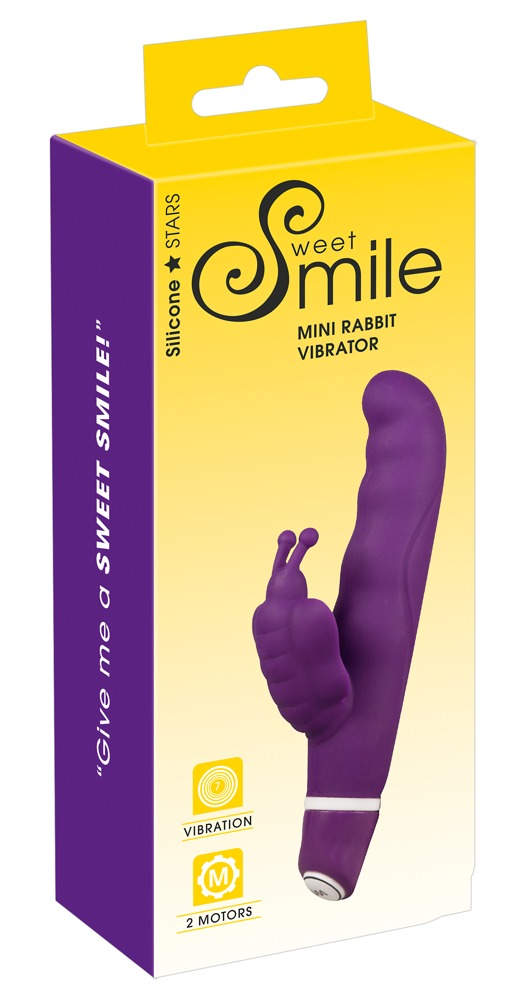 Gelbe und lila Verpackung des Sweet Smile Mini Rabbit Vibrators mit dem lila Gerät.