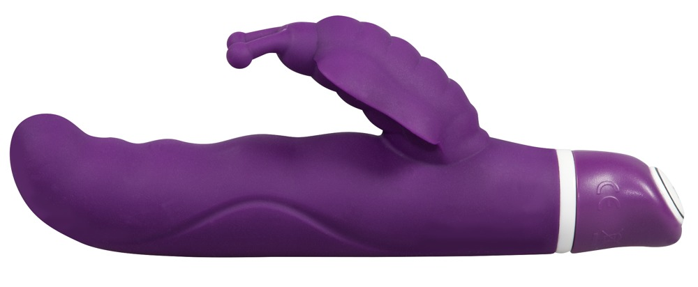 Ein violettes Silikon-Sexspielzeug mit geripptem Schaft und schmetterlingsförmigem Klitorisstimulator.