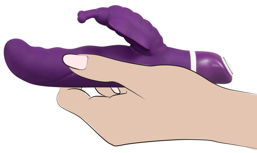 Illustration einer Hand, die einen lila Sexspielzeug mit Schmetterlingsmotiv hält.