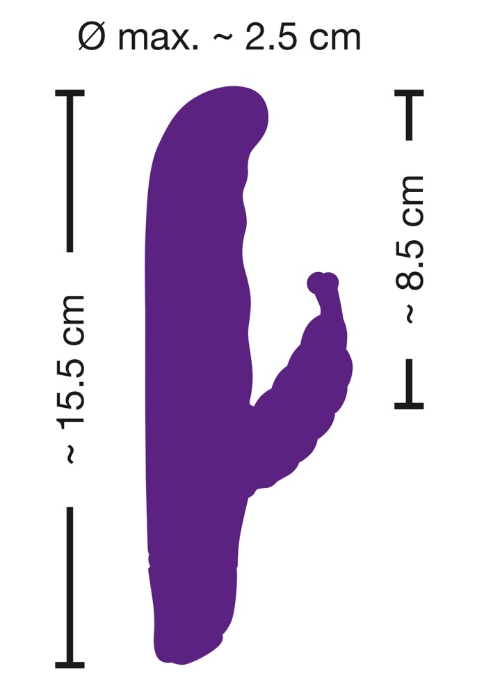 Violette Siluettengrafik eines Vibrators mit Bemaßungen von 15,5 cm und 8,5 cm.