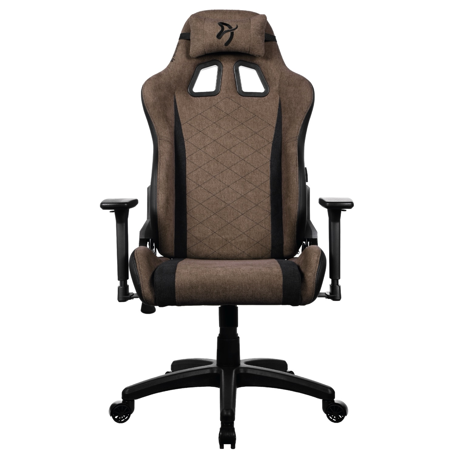 Sedia da gioco ergonomica marrone e nera con braccioli regolabili e cuscino poggiatesta, vista frontale.