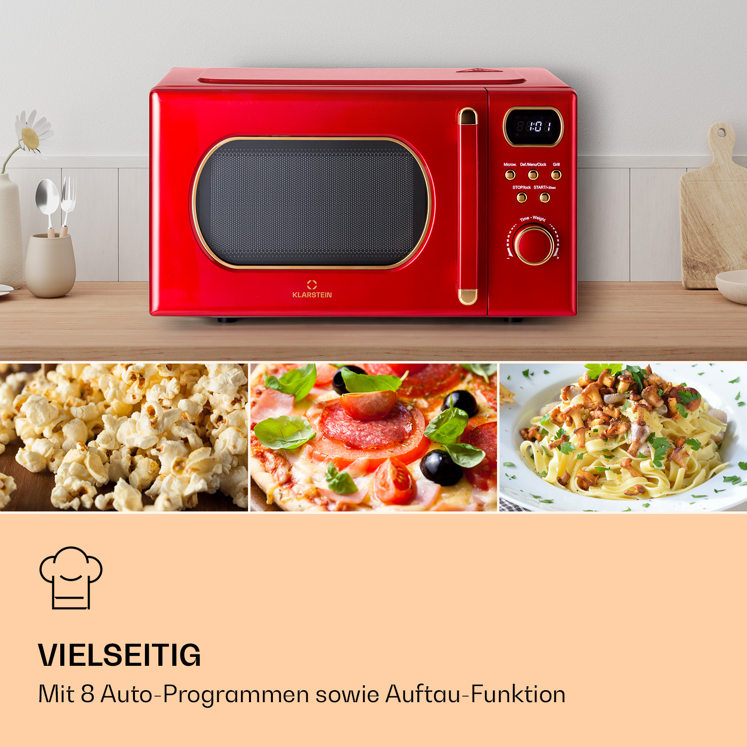 Rote Klarstein Mikrowelle mit goldenen Akzenten und drei Essensbildern darunter.